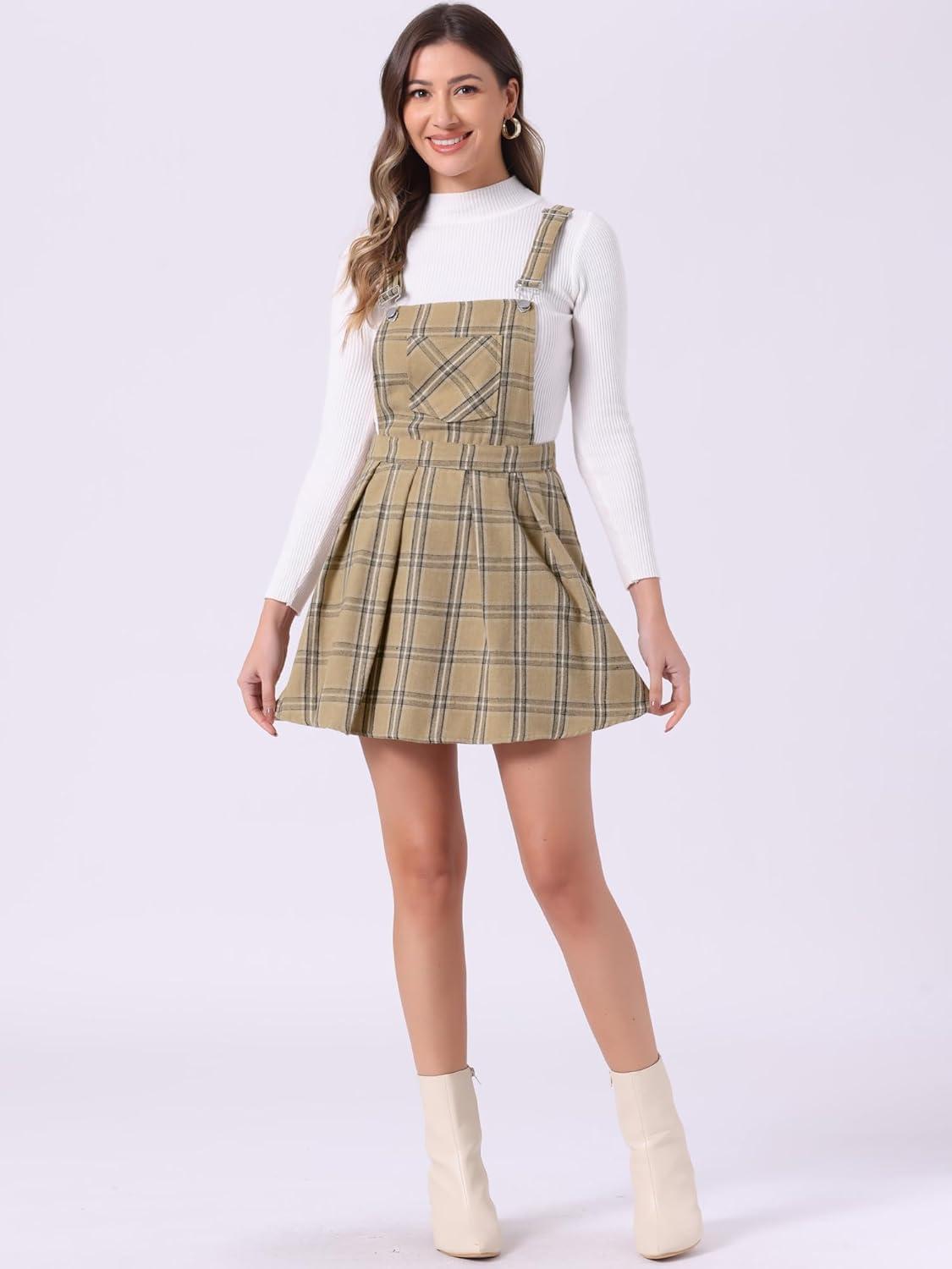 imageAllegra K Womens Plaid Pinafore Overall Dress Vintage Checks ALine Suspender Mini SkirtKhaki