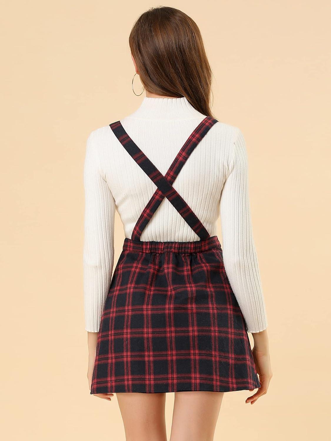 imageAllegra K Womens Plaid Pinafore Overall Dress Vintage Checks ALine Suspender Mini SkirtRed Blue