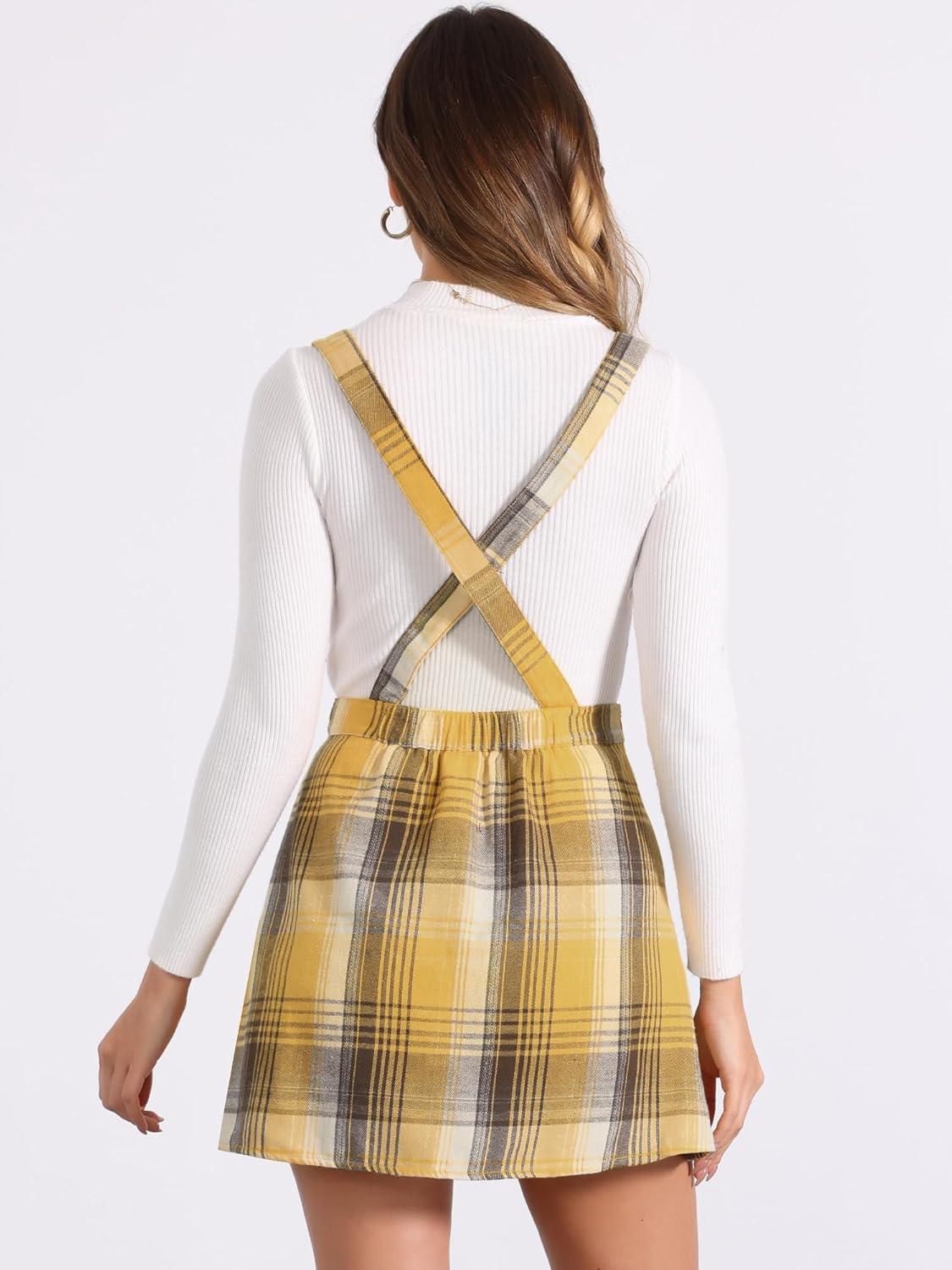imageAllegra K Womens Plaid Pinafore Overall Dress Vintage Checks ALine Suspender Mini SkirtYellow