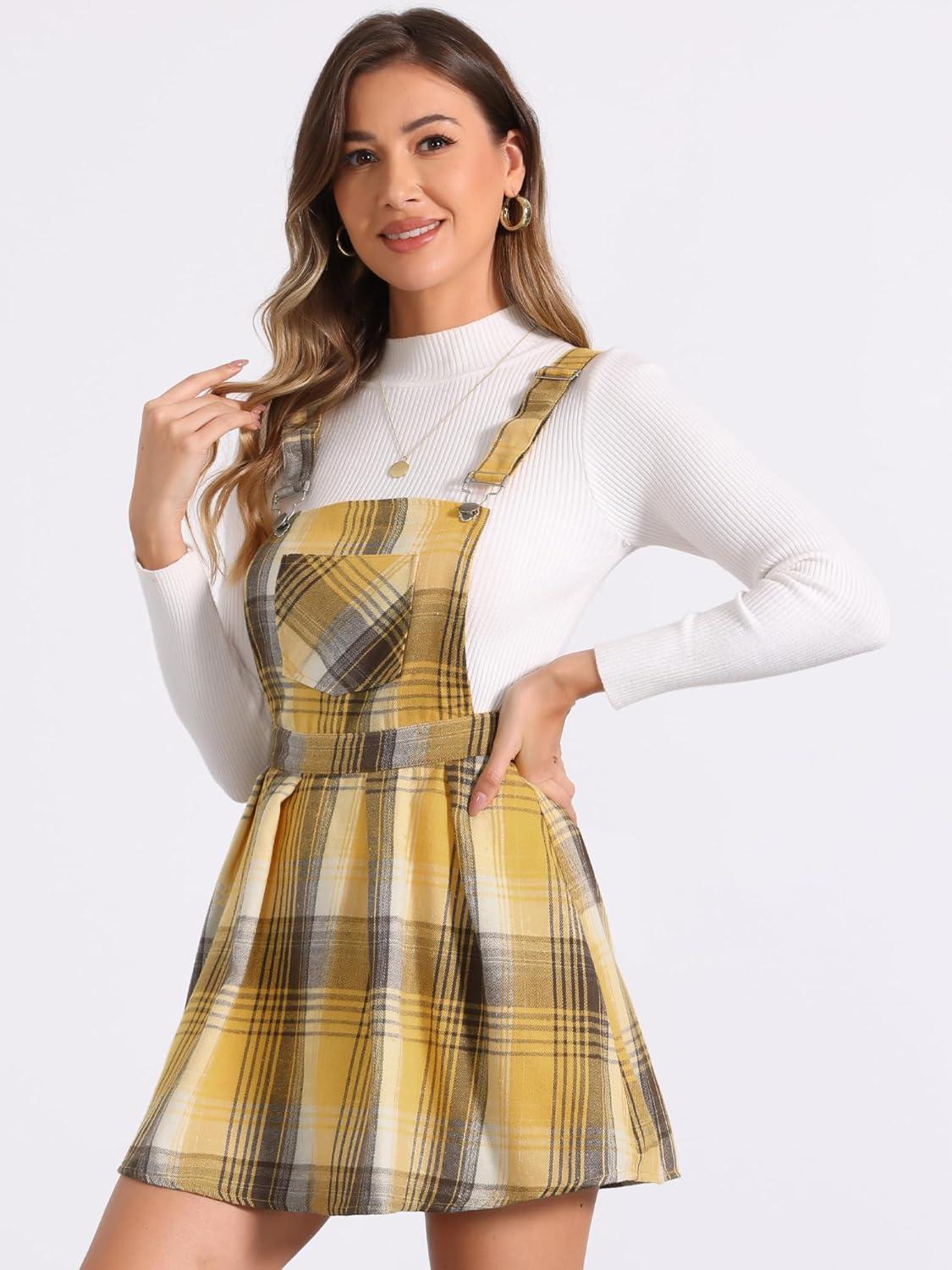 imageAllegra K Womens Plaid Pinafore Overall Dress Vintage Checks ALine Suspender Mini SkirtYellow