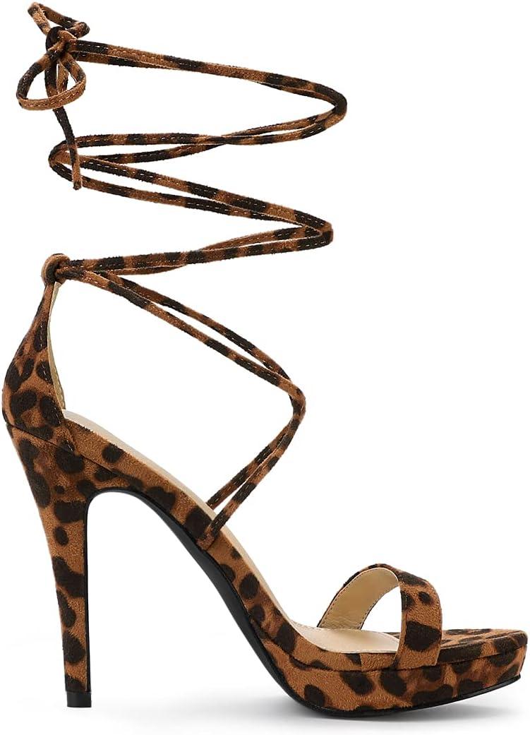 imageAllegra K Womens Platform Stiletto Heels Lace Up SandalsLeopard