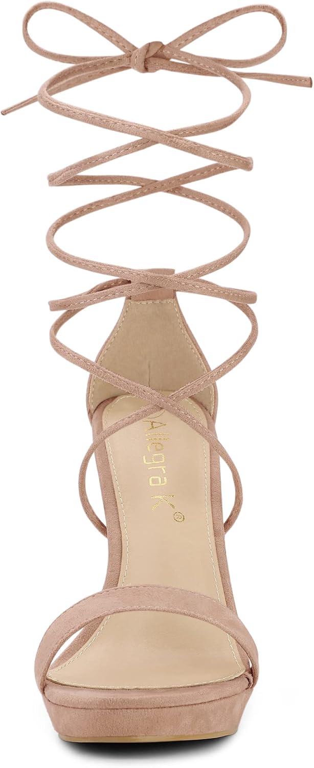 imageAllegra K Womens Platform Stiletto Heels Lace Up SandalsNude