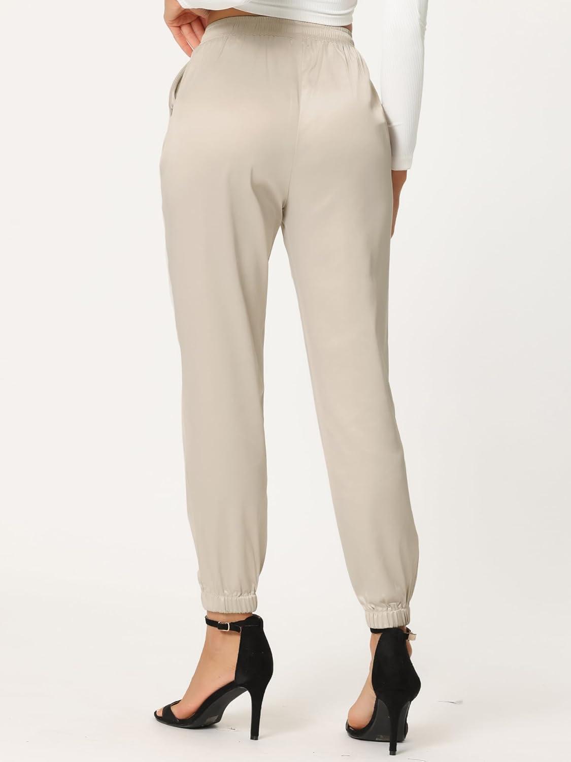 imageAllegra K Womens Satin Pants Drawstring Elastic Waist Straight Leg Ankle Length Dressy Joggers with PocketBeige