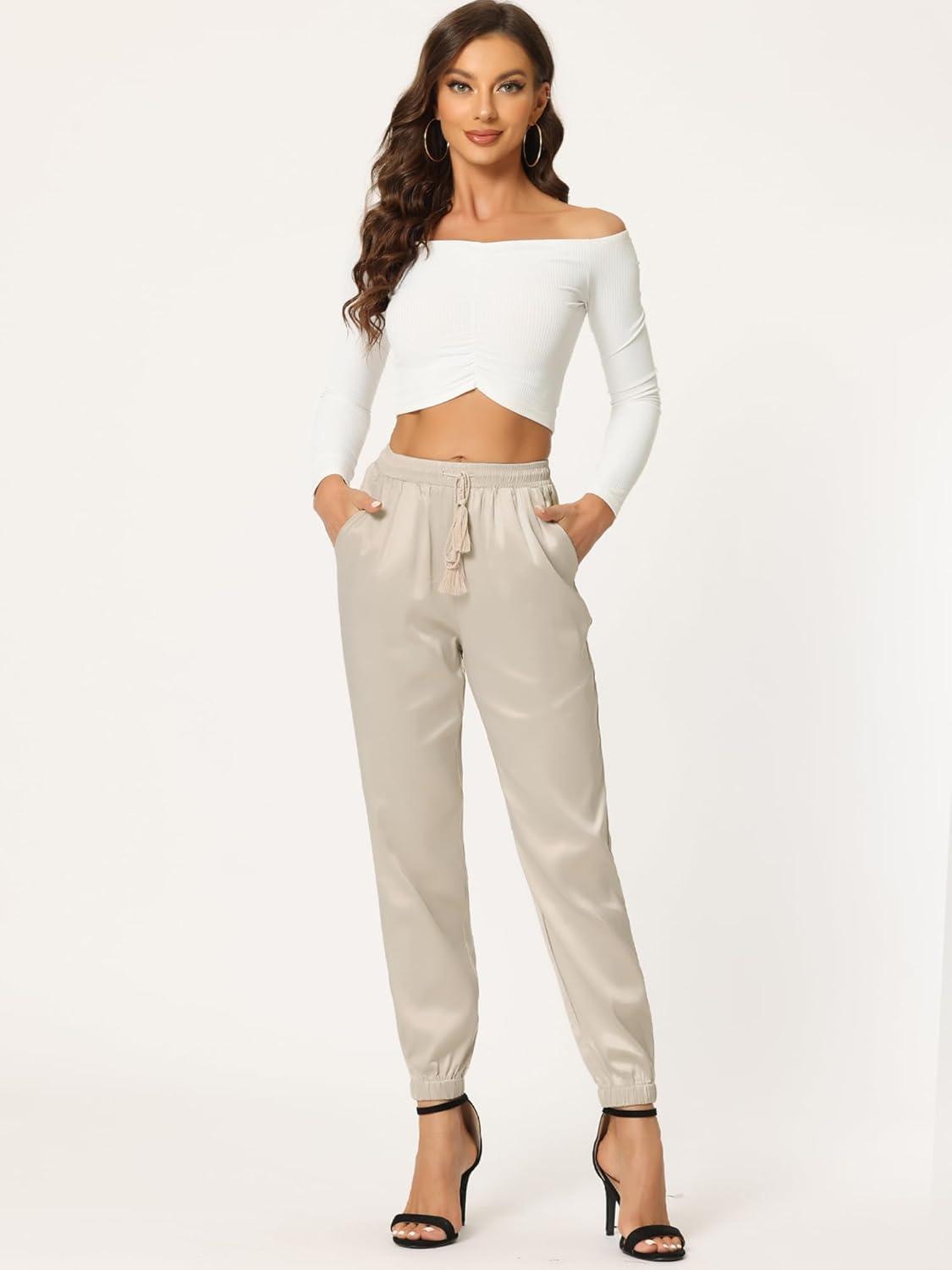 imageAllegra K Womens Satin Pants Drawstring Elastic Waist Straight Leg Ankle Length Dressy Joggers with PocketBeige