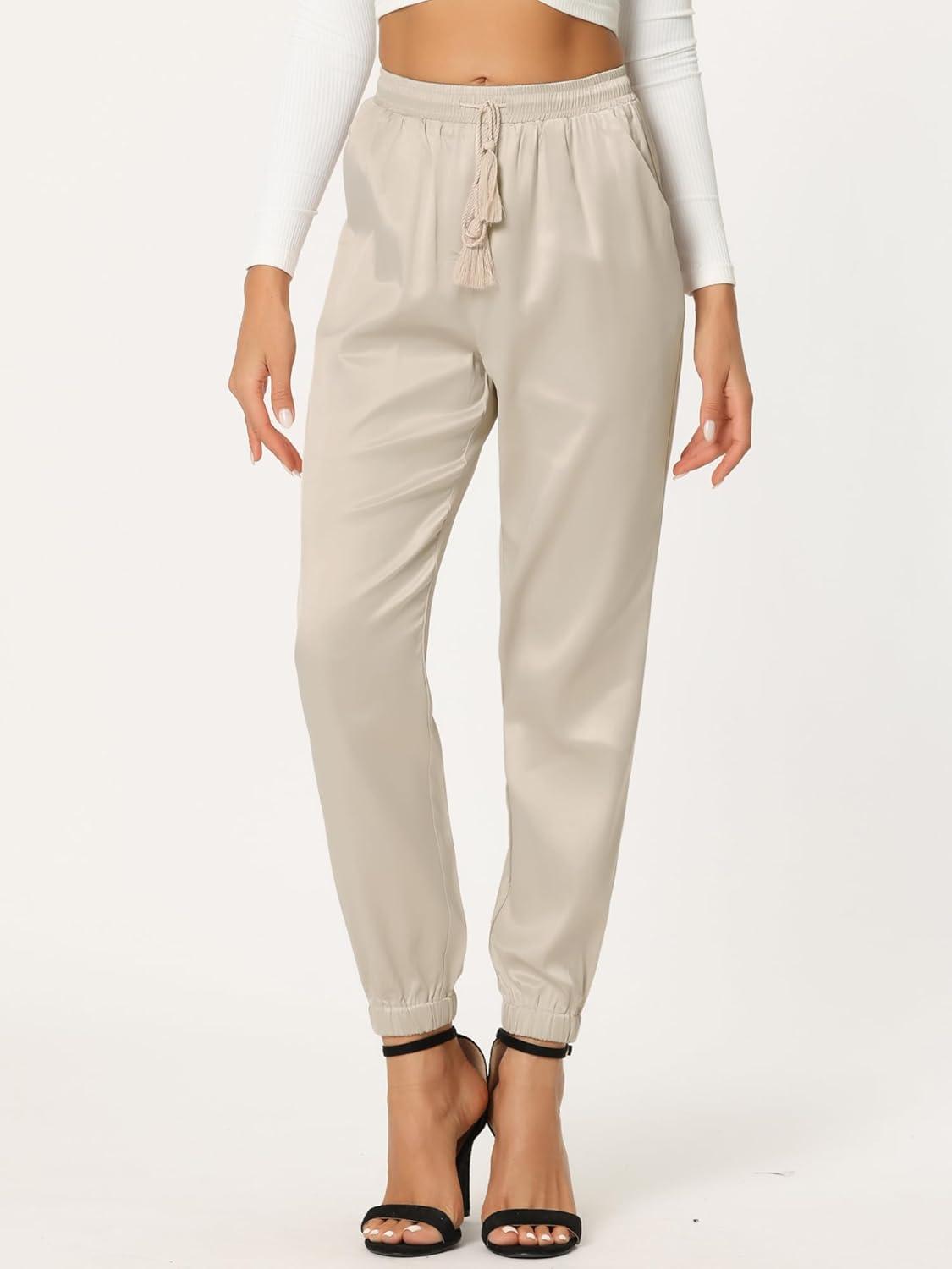 imageAllegra K Womens Satin Pants Drawstring Elastic Waist Straight Leg Ankle Length Dressy Joggers with PocketBeige