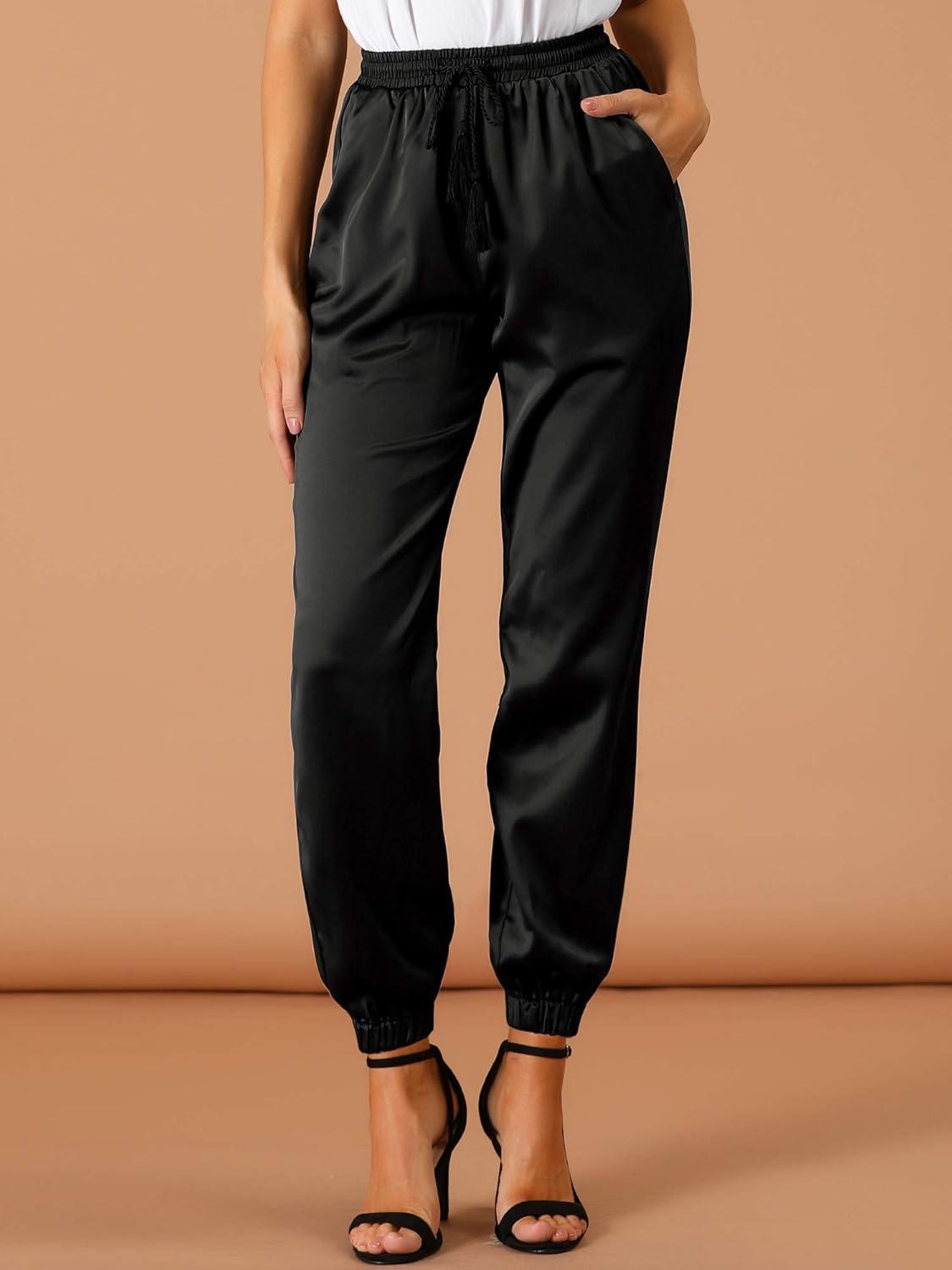 imageAllegra K Womens Satin Pants Drawstring Elastic Waist Straight Leg Ankle Length Dressy Joggers with PocketBlack