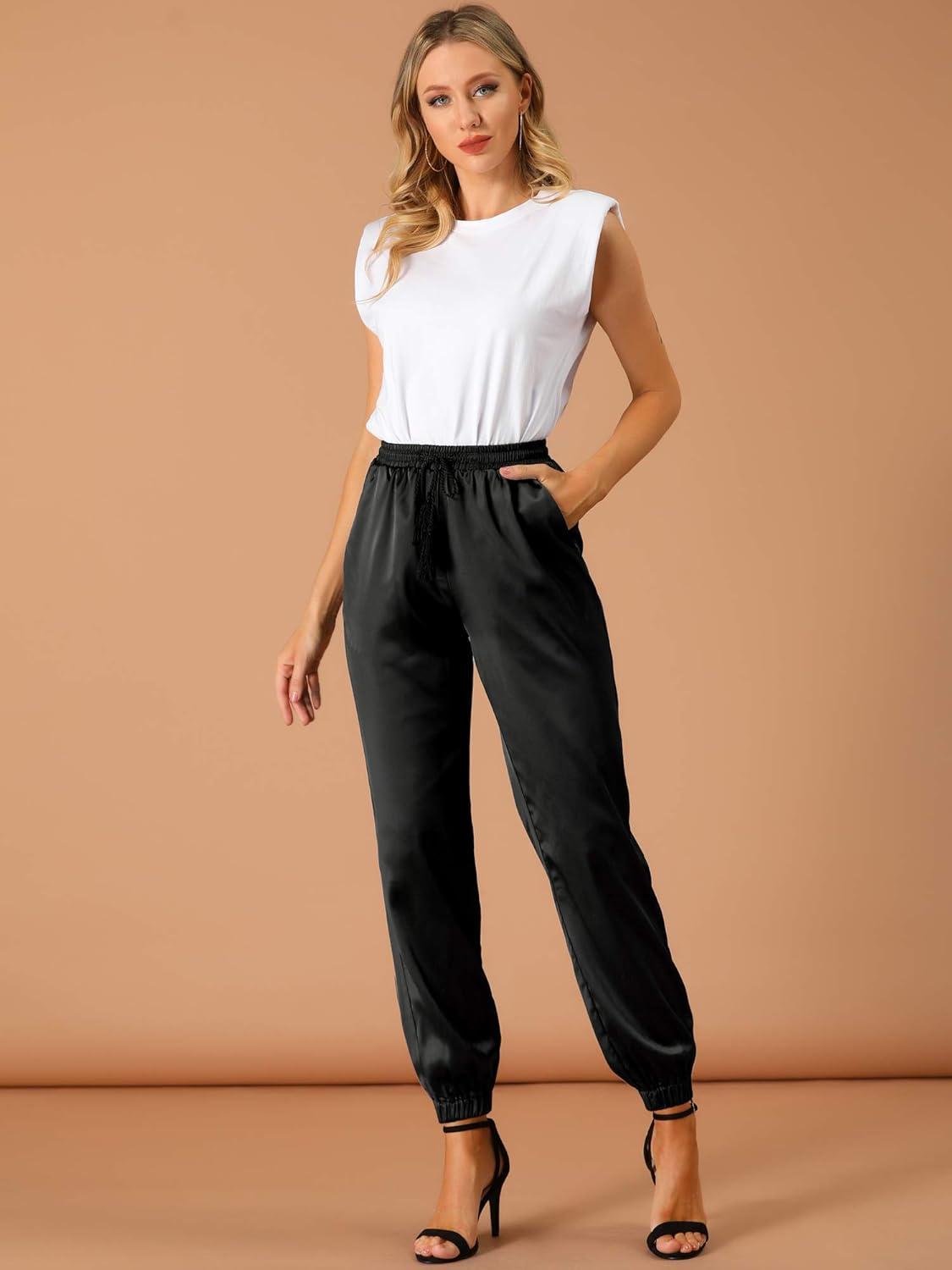 imageAllegra K Womens Satin Pants Drawstring Elastic Waist Straight Leg Ankle Length Dressy Joggers with PocketBlack