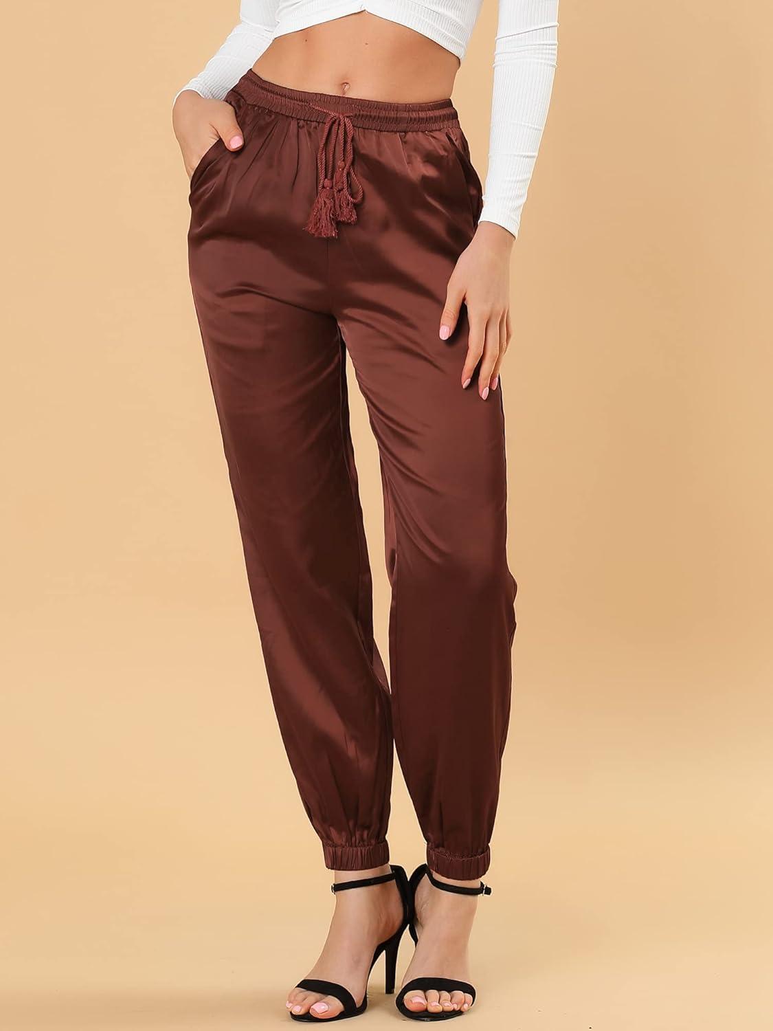 imageAllegra K Womens Satin Pants Drawstring Elastic Waist Straight Leg Ankle Length Dressy Joggers with PocketBrown