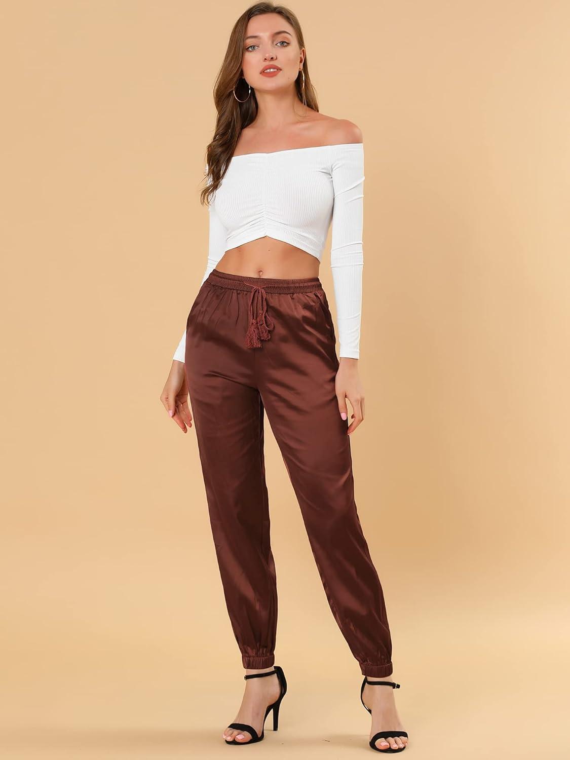 imageAllegra K Womens Satin Pants Drawstring Elastic Waist Straight Leg Ankle Length Dressy Joggers with PocketBrown