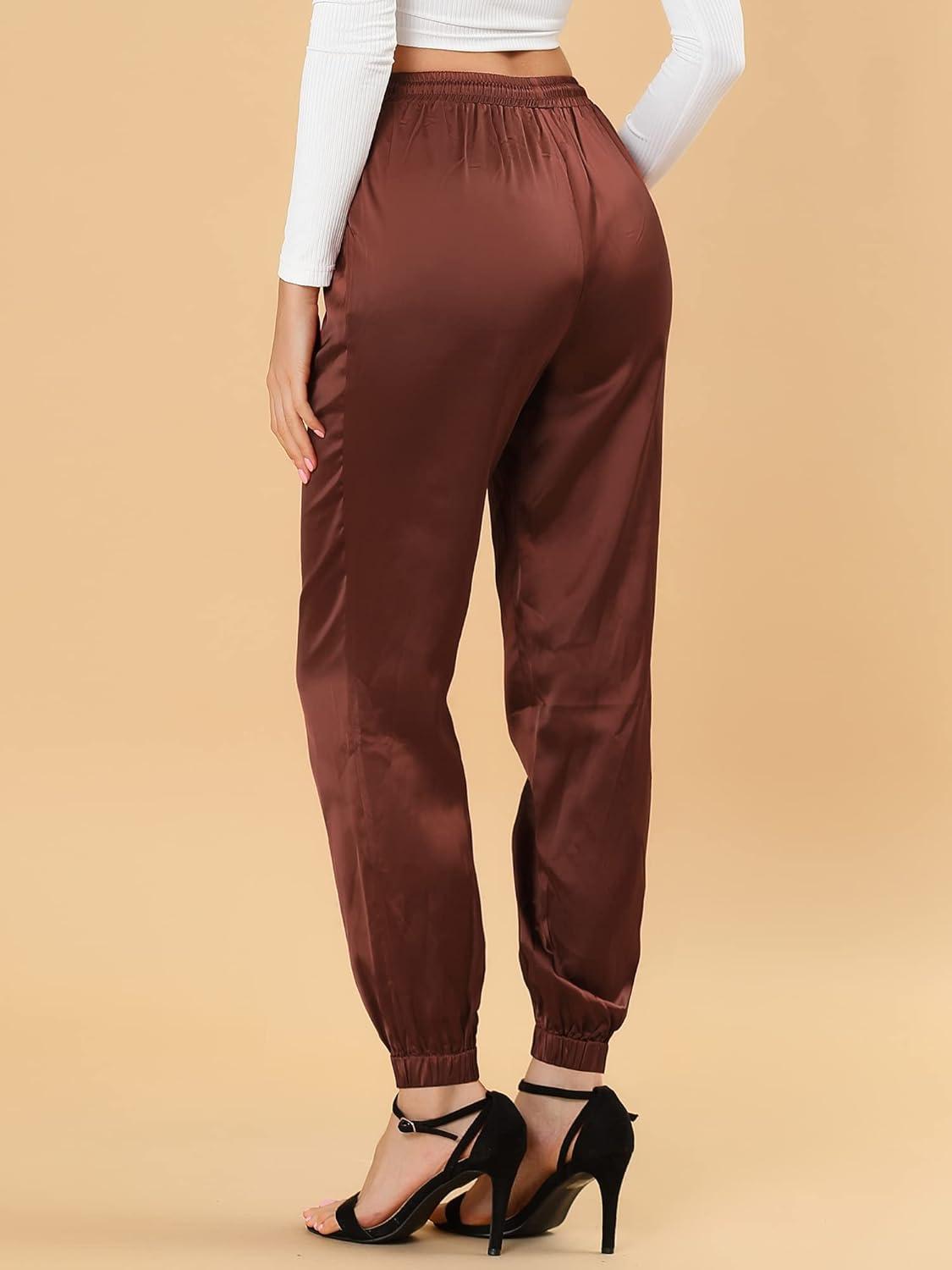 imageAllegra K Womens Satin Pants Drawstring Elastic Waist Straight Leg Ankle Length Dressy Joggers with PocketBrown