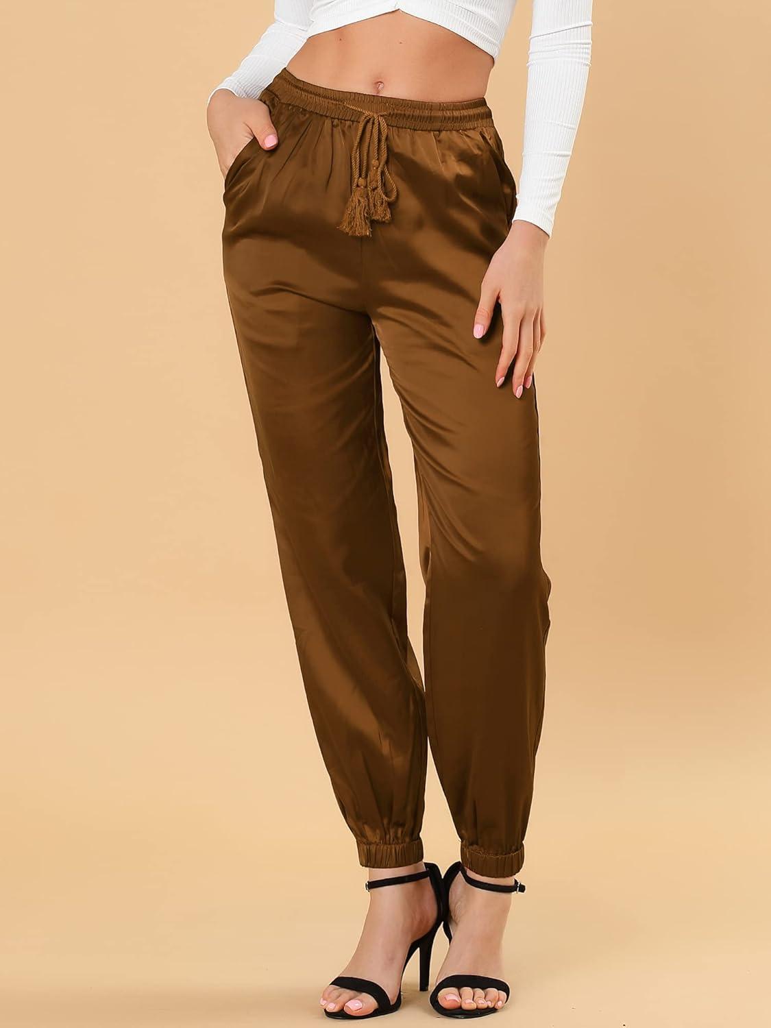 imageAllegra K Womens Satin Pants Drawstring Elastic Waist Straight Leg Ankle Length Dressy Joggers with PocketCoffee