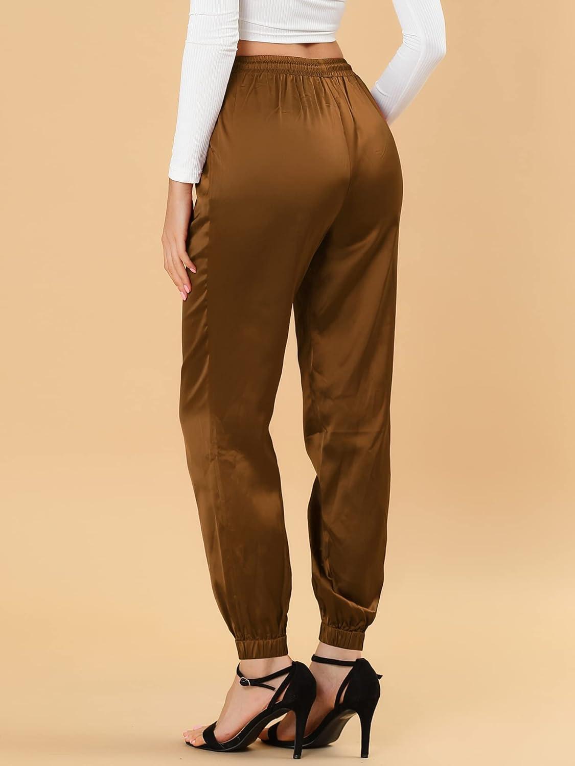 imageAllegra K Womens Satin Pants Drawstring Elastic Waist Straight Leg Ankle Length Dressy Joggers with PocketCoffee