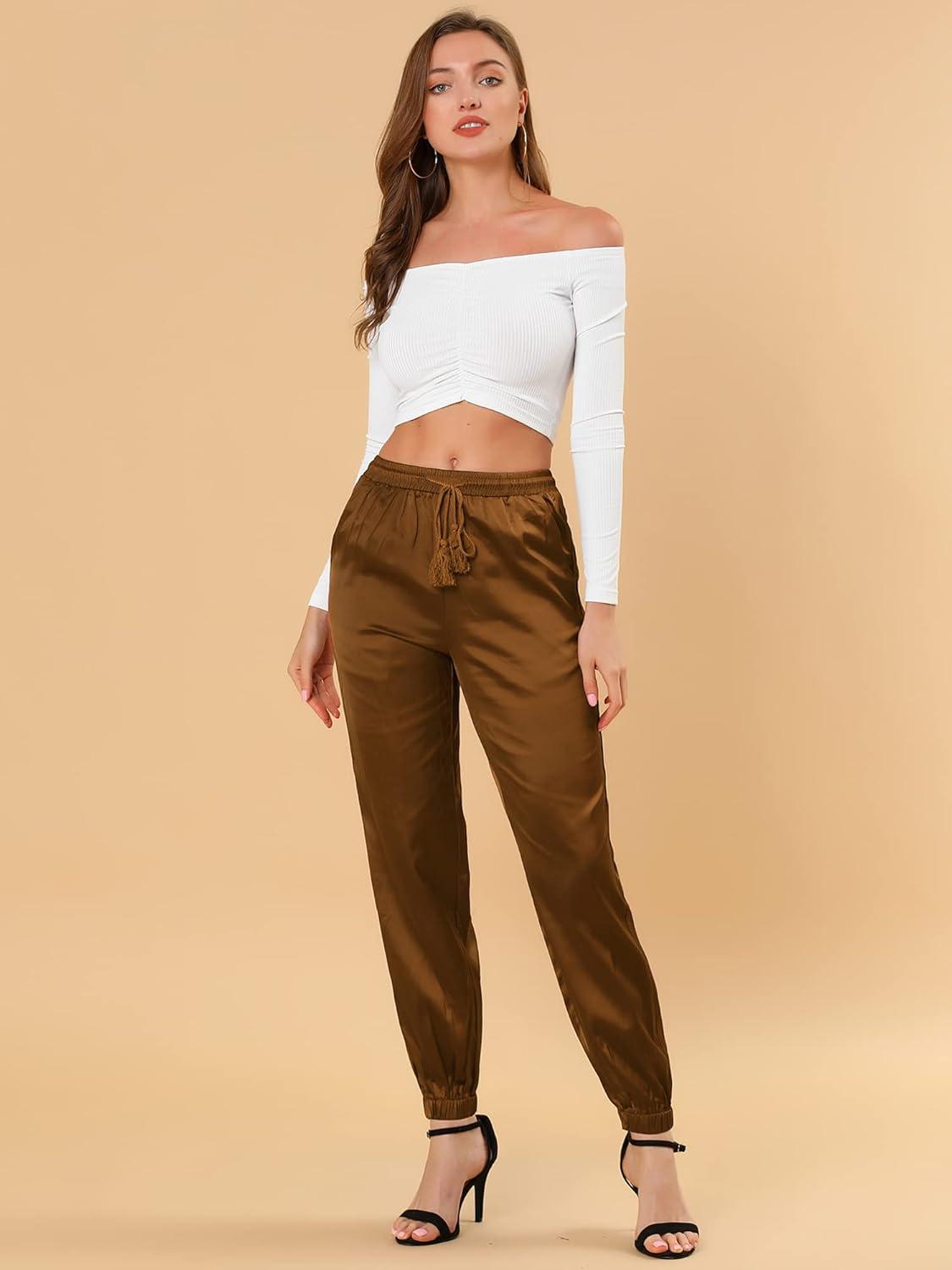 imageAllegra K Womens Satin Pants Drawstring Elastic Waist Straight Leg Ankle Length Dressy Joggers with PocketCoffee