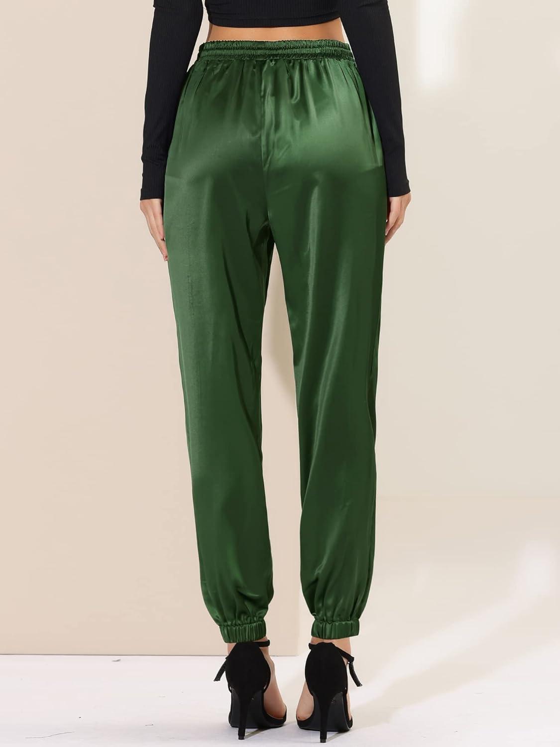 imageAllegra K Womens Satin Pants Drawstring Elastic Waist Straight Leg Ankle Length Dressy Joggers with PocketDark Green
