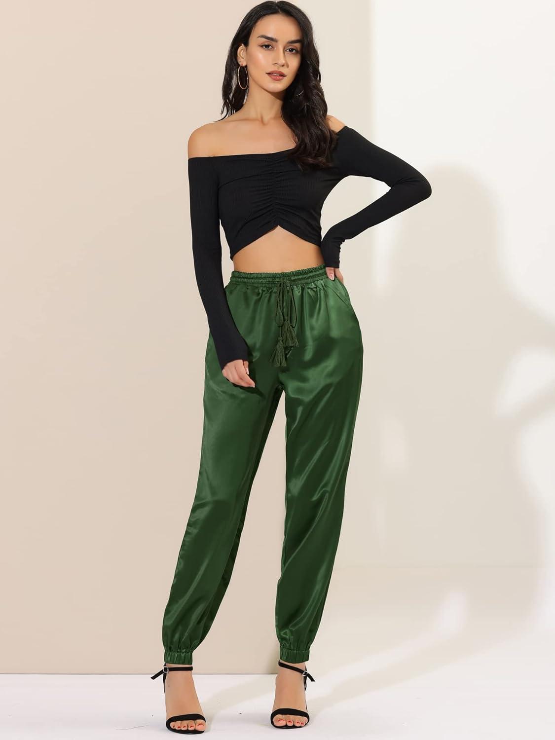 imageAllegra K Womens Satin Pants Drawstring Elastic Waist Straight Leg Ankle Length Dressy Joggers with PocketDark Green