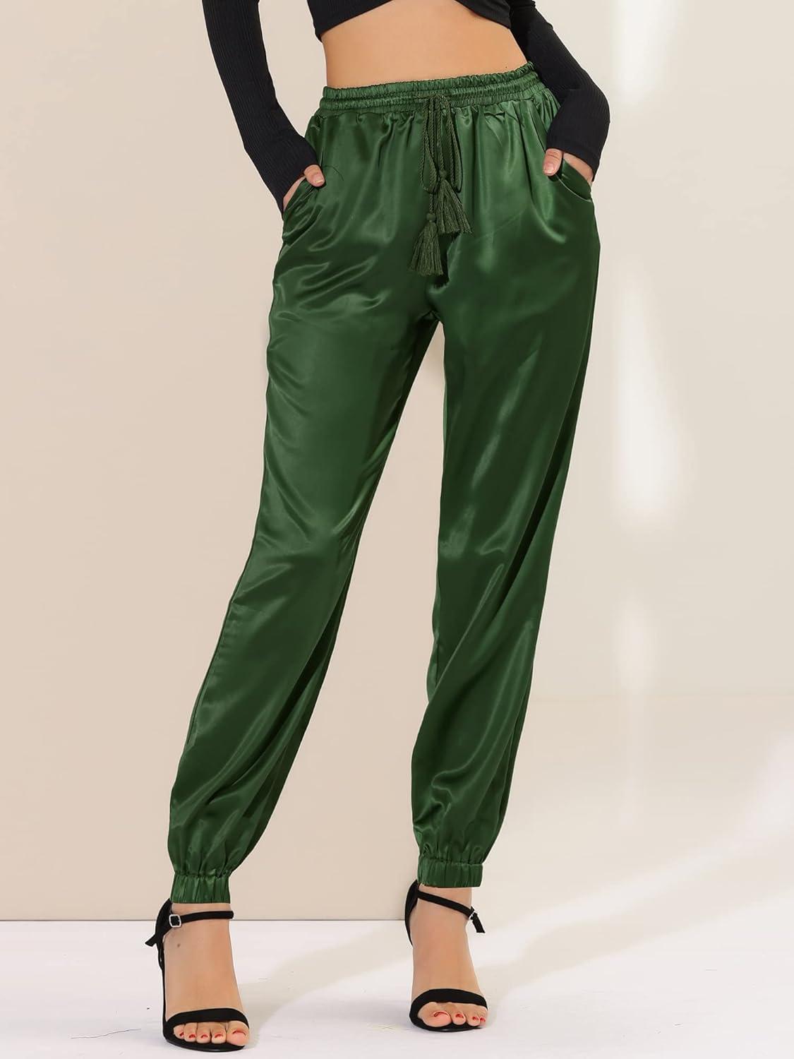 imageAllegra K Womens Satin Pants Drawstring Elastic Waist Straight Leg Ankle Length Dressy Joggers with PocketDark Green