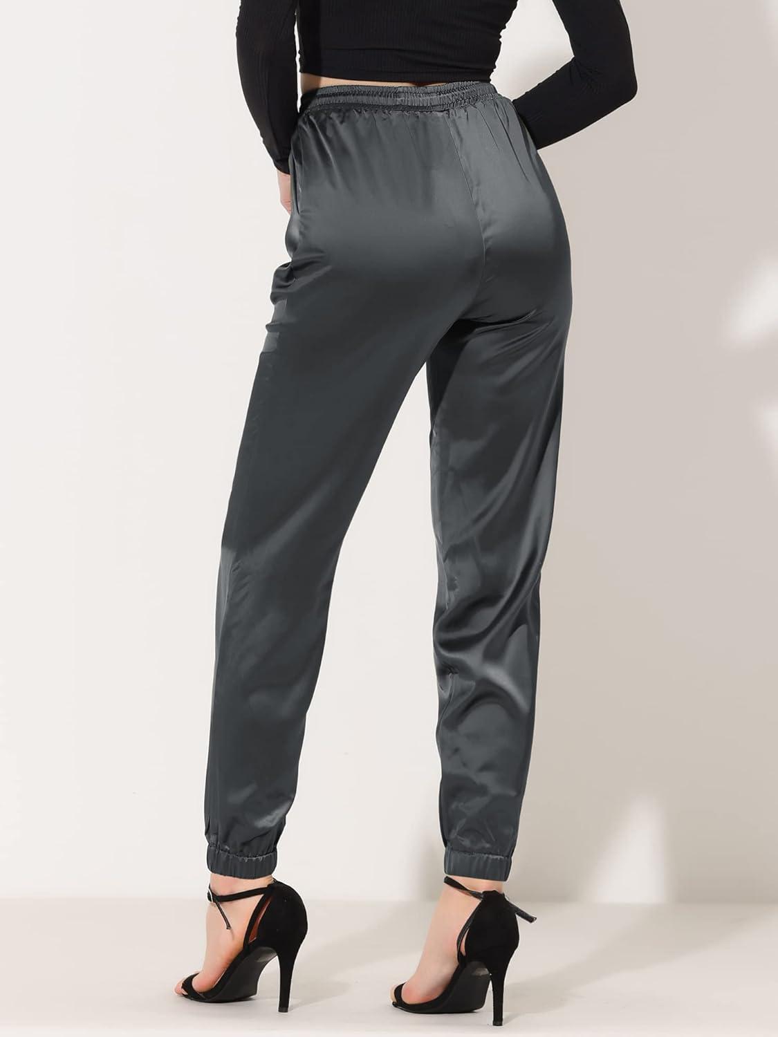 imageAllegra K Womens Satin Pants Drawstring Elastic Waist Straight Leg Ankle Length Dressy Joggers with PocketDark Grey
