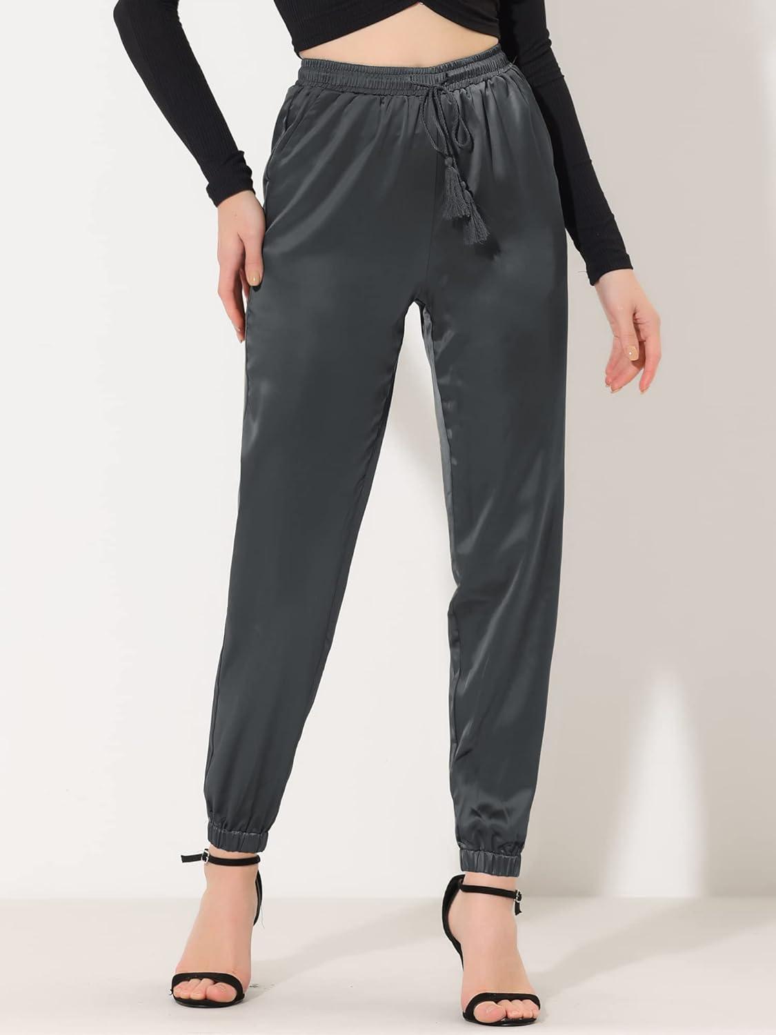 imageAllegra K Womens Satin Pants Drawstring Elastic Waist Straight Leg Ankle Length Dressy Joggers with PocketDark Grey
