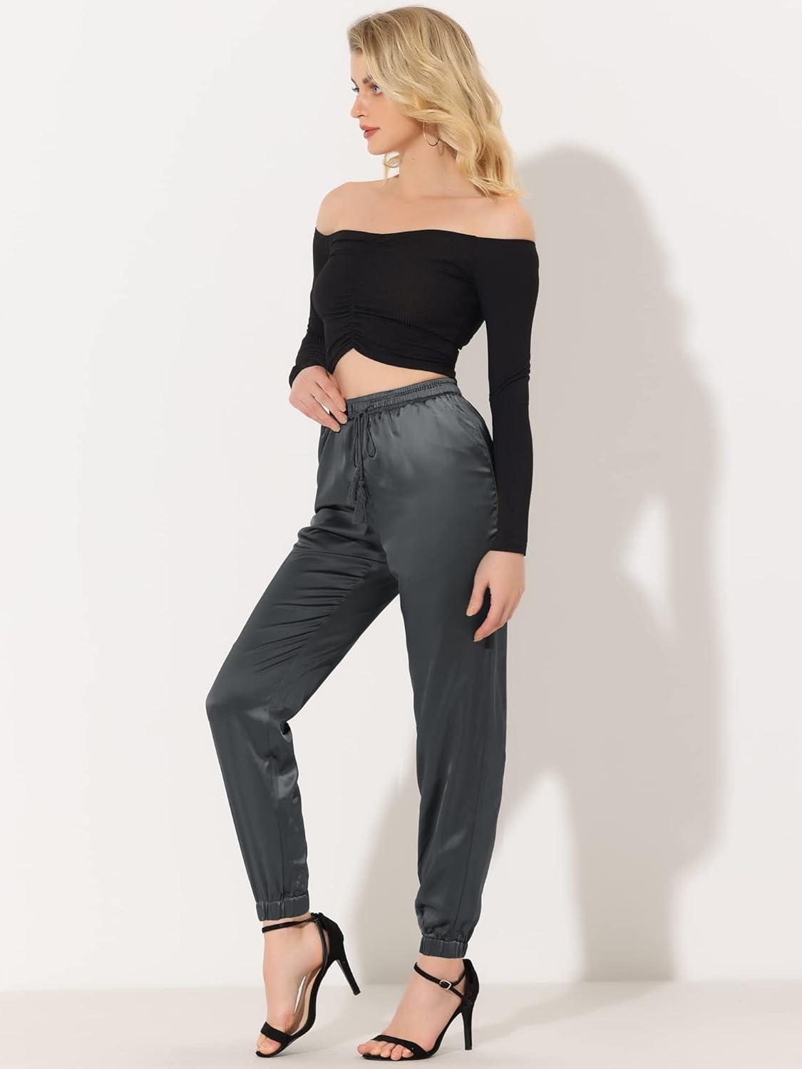 imageAllegra K Womens Satin Pants Drawstring Elastic Waist Straight Leg Ankle Length Dressy Joggers with PocketDark Grey