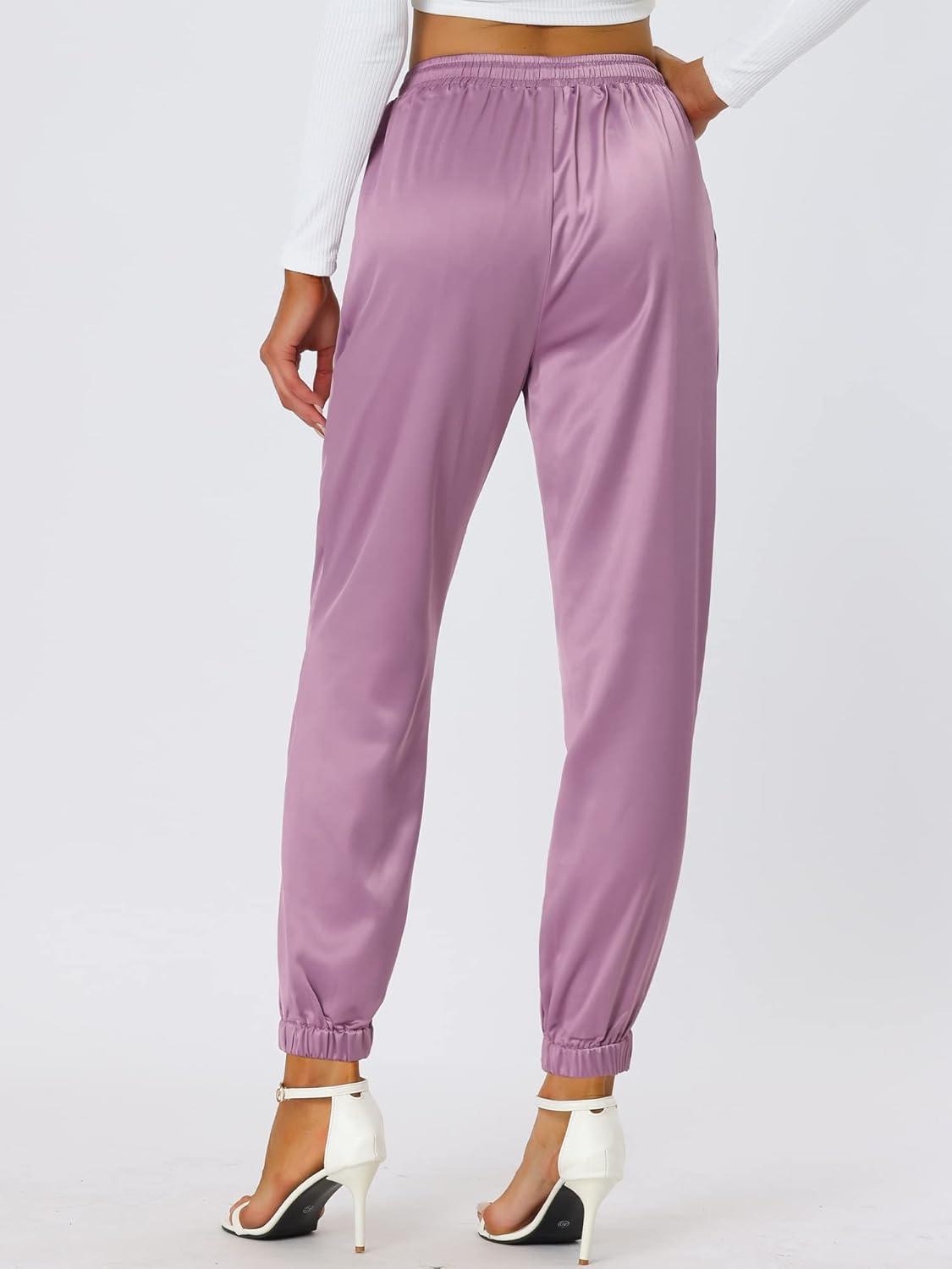 imageAllegra K Womens Satin Pants Drawstring Elastic Waist Straight Leg Ankle Length Dressy Joggers with PocketDull Purple