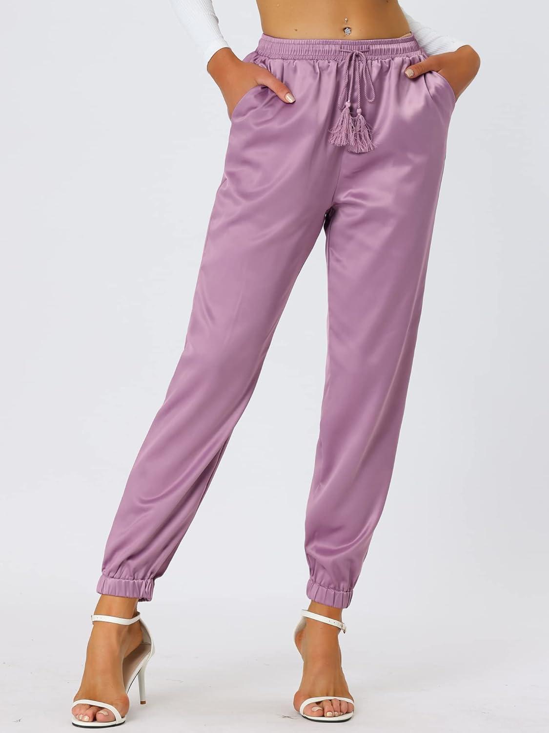 imageAllegra K Womens Satin Pants Drawstring Elastic Waist Straight Leg Ankle Length Dressy Joggers with PocketDull Purple