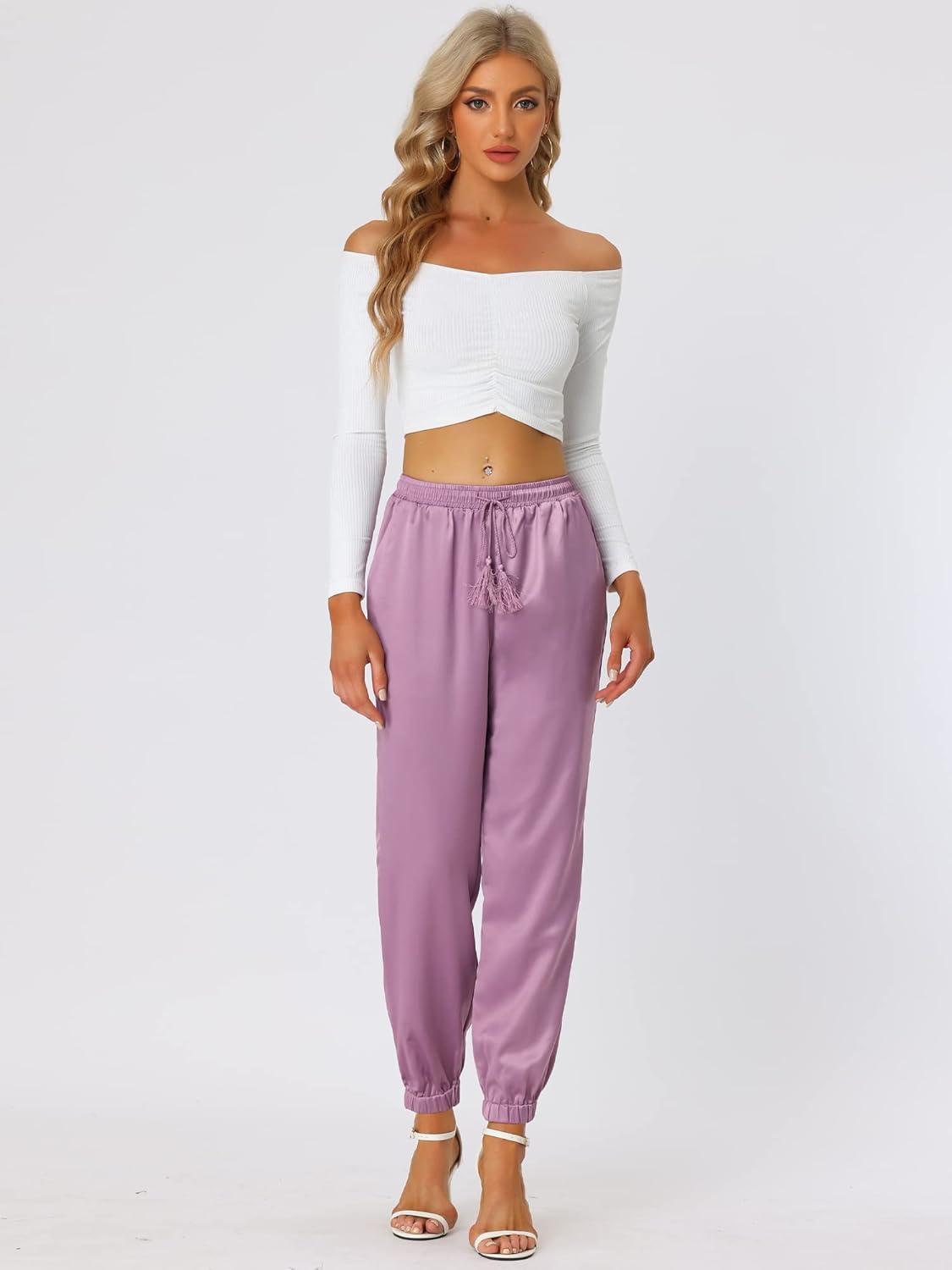 imageAllegra K Womens Satin Pants Drawstring Elastic Waist Straight Leg Ankle Length Dressy Joggers with PocketDull Purple