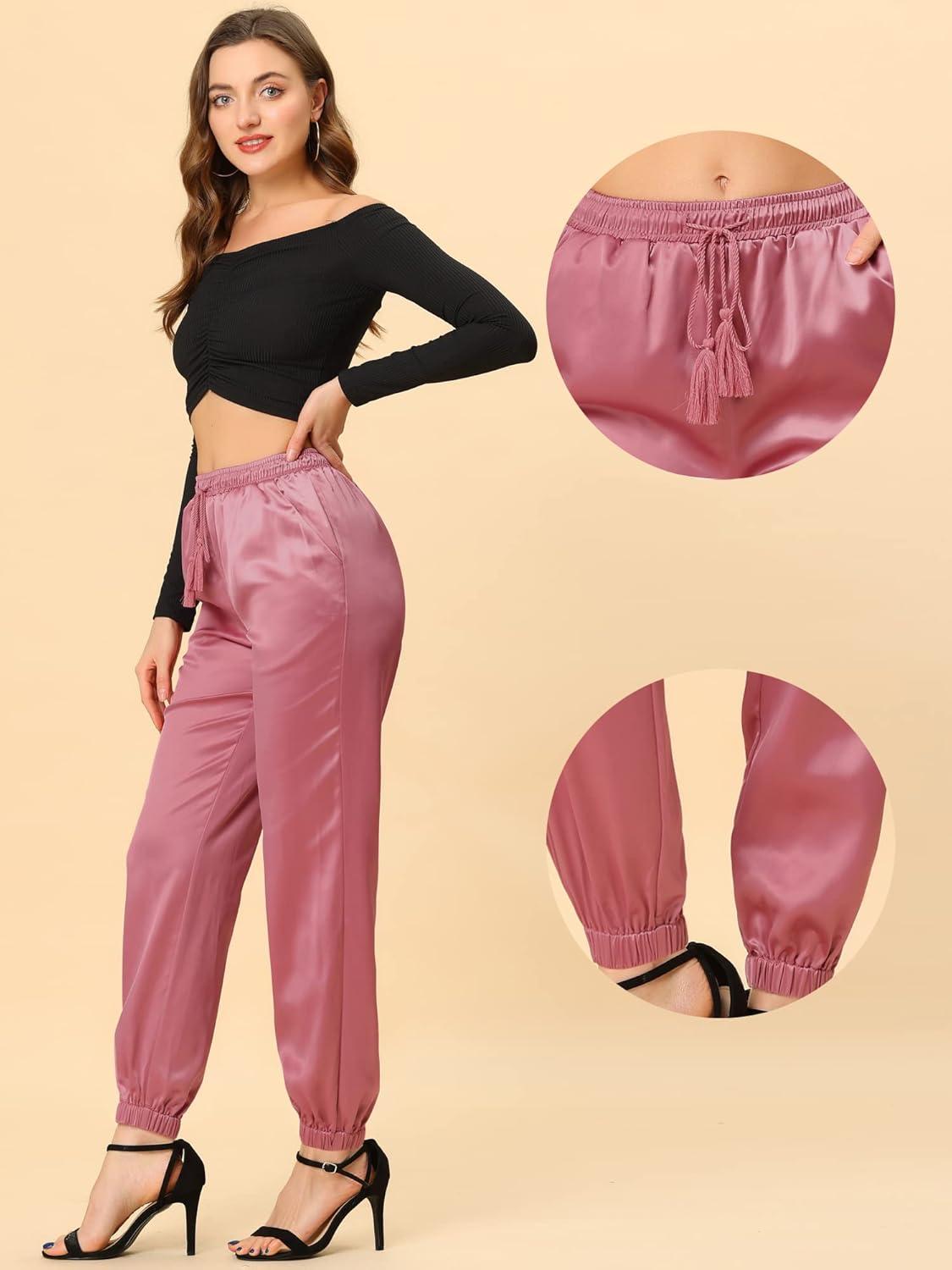 imageAllegra K Womens Satin Pants Drawstring Elastic Waist Straight Leg Ankle Length Dressy Joggers with PocketDusty Pink