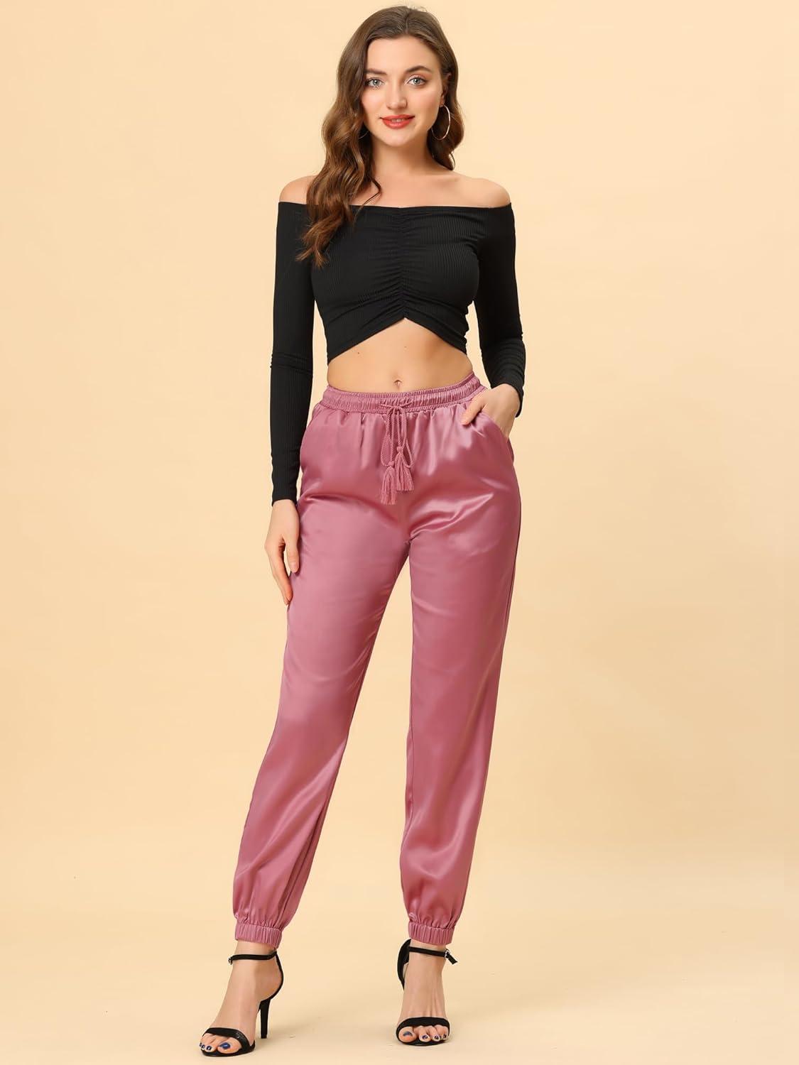 imageAllegra K Womens Satin Pants Drawstring Elastic Waist Straight Leg Ankle Length Dressy Joggers with PocketDusty Pink