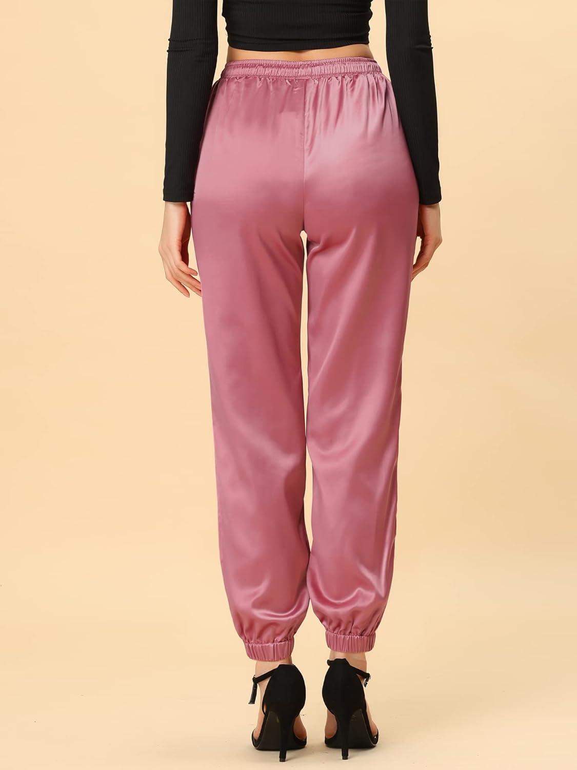 imageAllegra K Womens Satin Pants Drawstring Elastic Waist Straight Leg Ankle Length Dressy Joggers with PocketDusty Pink