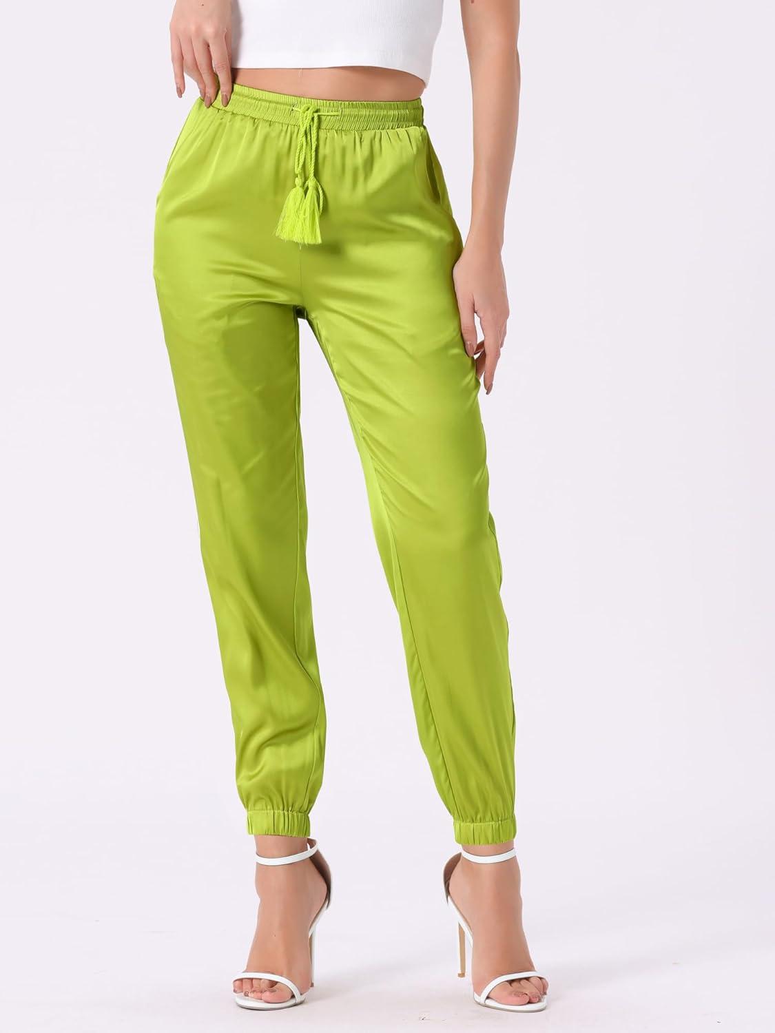 imageAllegra K Womens Satin Pants Drawstring Elastic Waist Straight Leg Ankle Length Dressy Joggers with PocketFluorescent Yellow