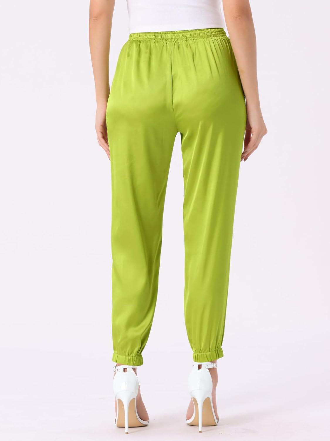 imageAllegra K Womens Satin Pants Drawstring Elastic Waist Straight Leg Ankle Length Dressy Joggers with PocketFluorescent Yellow