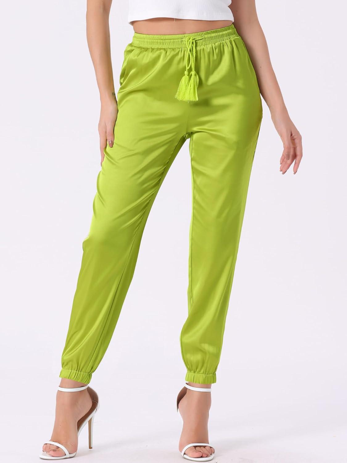 imageAllegra K Womens Satin Pants Drawstring Elastic Waist Straight Leg Ankle Length Dressy Joggers with PocketFluorescent Yellow