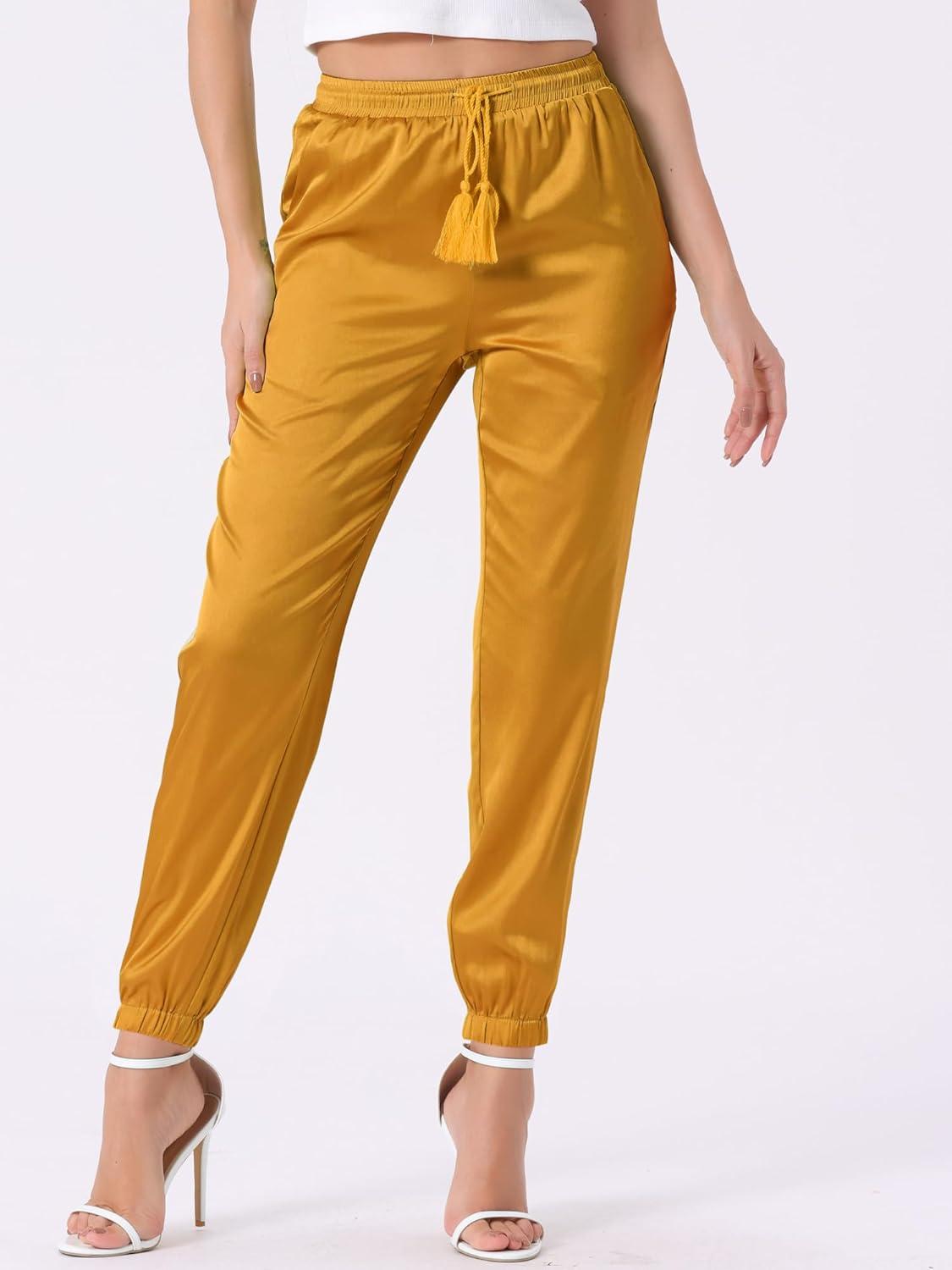 imageAllegra K Womens Satin Pants Drawstring Elastic Waist Straight Leg Ankle Length Dressy Joggers with PocketGold