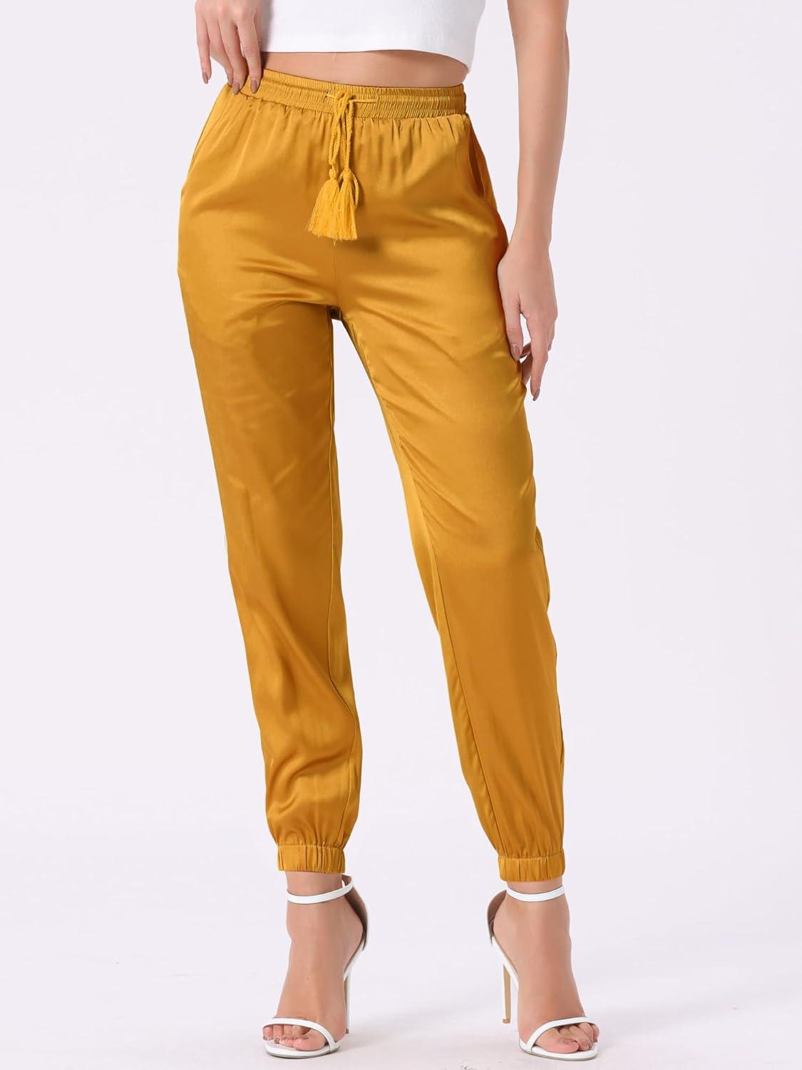 imageAllegra K Womens Satin Pants Drawstring Elastic Waist Straight Leg Ankle Length Dressy Joggers with PocketGold