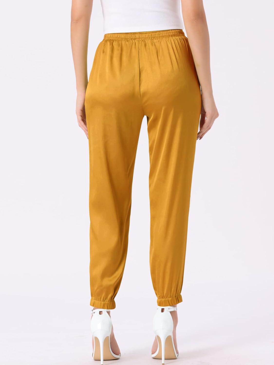 imageAllegra K Womens Satin Pants Drawstring Elastic Waist Straight Leg Ankle Length Dressy Joggers with PocketGold
