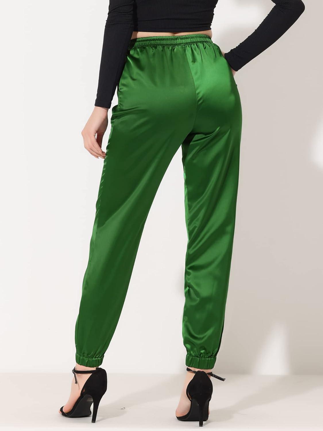 imageAllegra K Womens Satin Pants Drawstring Elastic Waist Straight Leg Ankle Length Dressy Joggers with PocketGreen