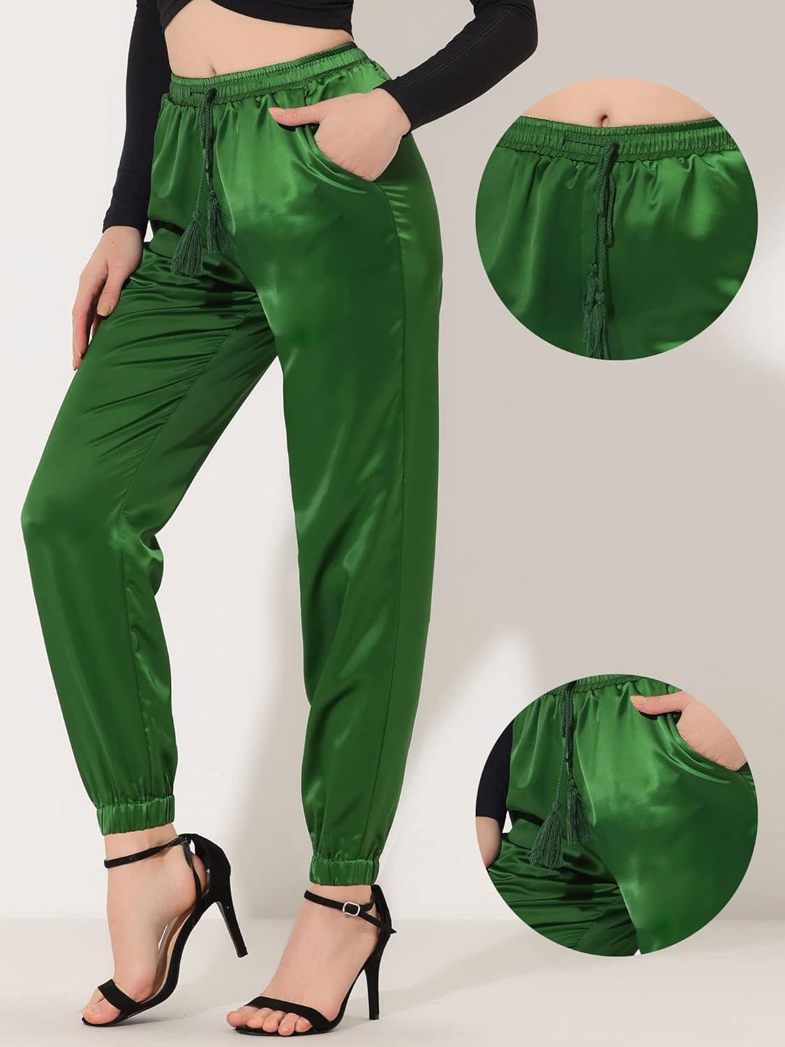 imageAllegra K Womens Satin Pants Drawstring Elastic Waist Straight Leg Ankle Length Dressy Joggers with PocketGreen