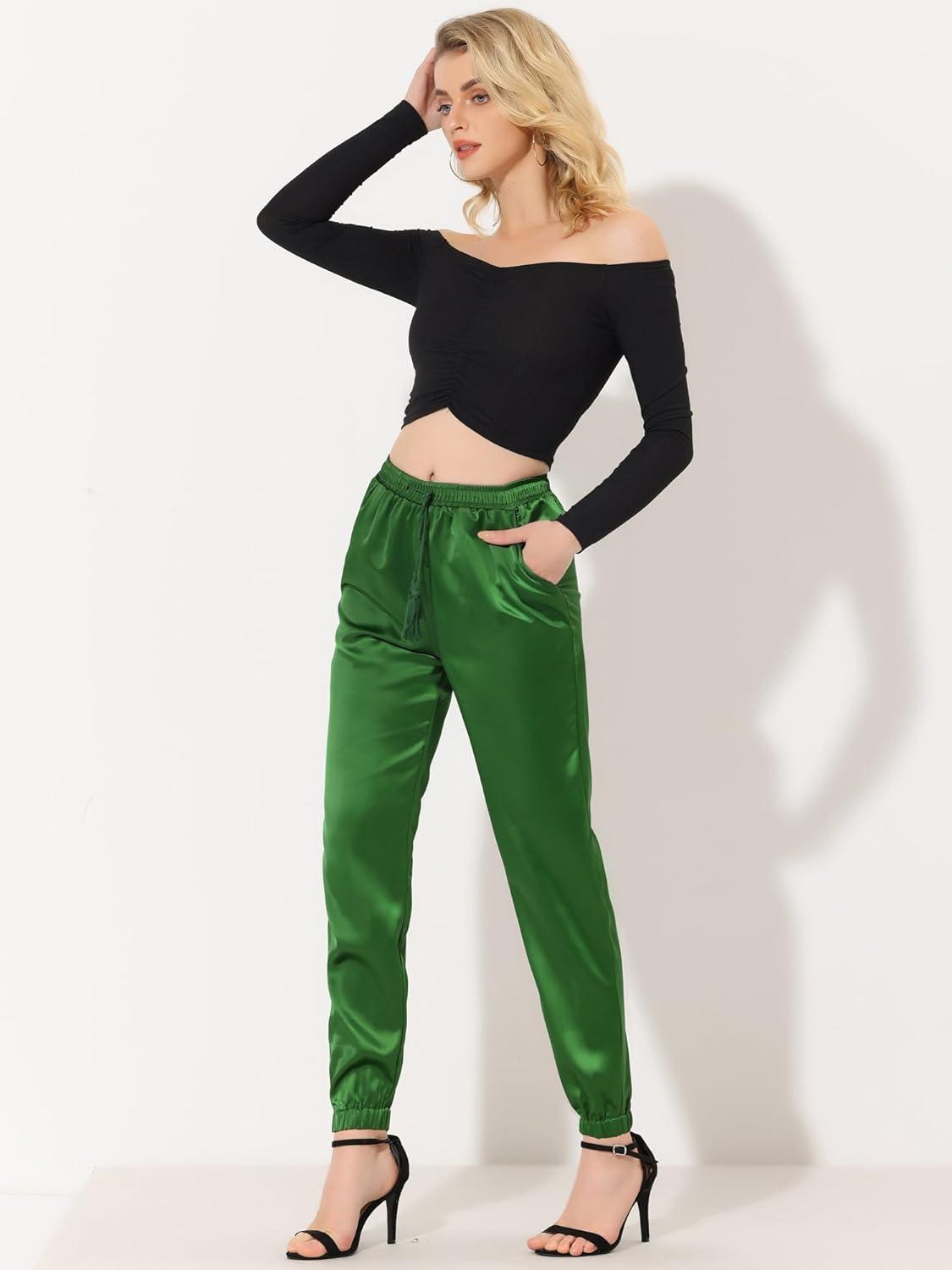 imageAllegra K Womens Satin Pants Drawstring Elastic Waist Straight Leg Ankle Length Dressy Joggers with PocketGreen