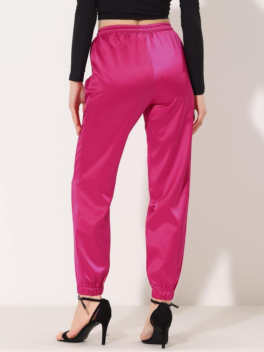 imageAllegra K Womens Satin Pants Drawstring Elastic Waist Straight Leg Ankle Length Dressy Joggers with PocketHot Pink