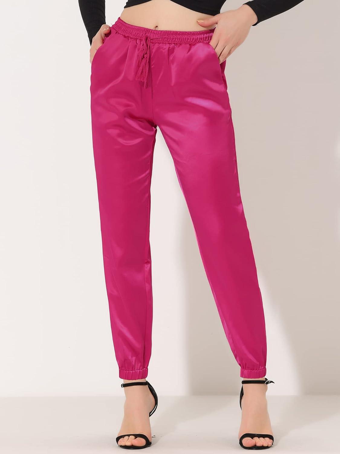imageAllegra K Womens Satin Pants Drawstring Elastic Waist Straight Leg Ankle Length Dressy Joggers with PocketHot Pink