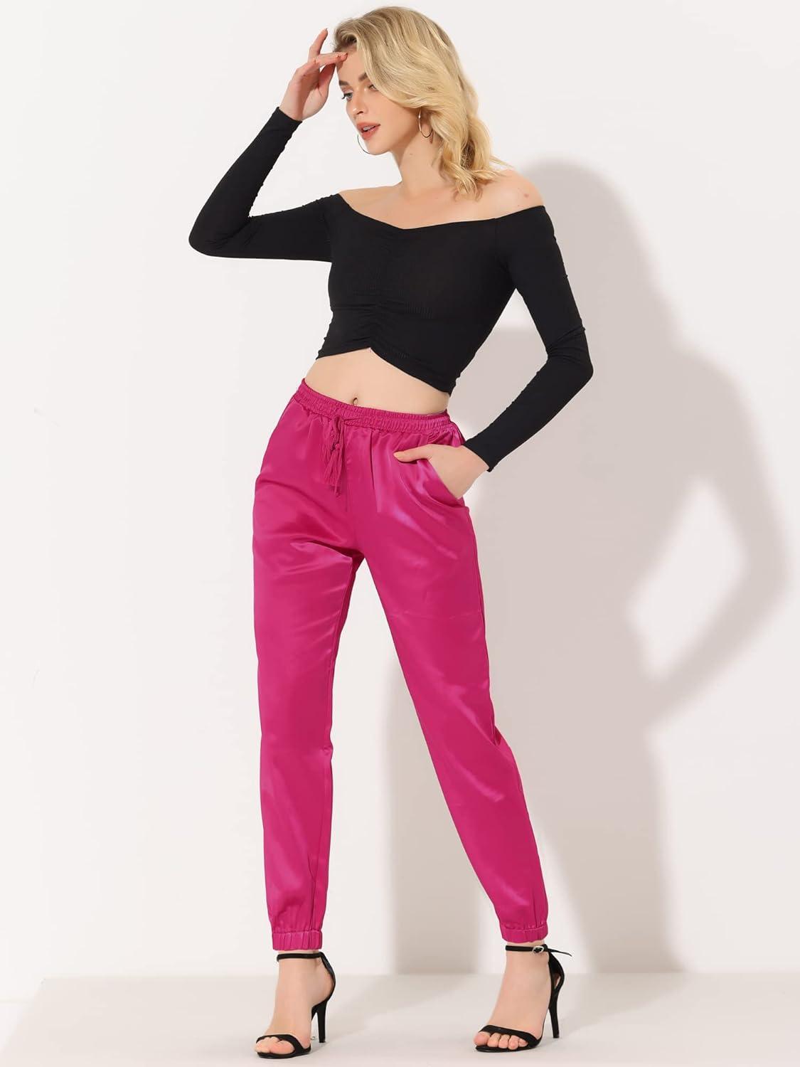 imageAllegra K Womens Satin Pants Drawstring Elastic Waist Straight Leg Ankle Length Dressy Joggers with PocketHot Pink