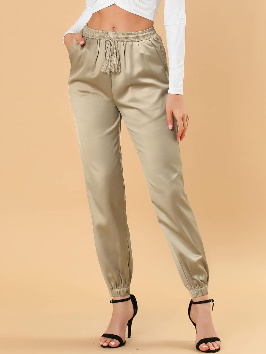 imageAllegra K Womens Satin Pants Drawstring Elastic Waist Straight Leg Ankle Length Dressy Joggers with PocketKhaki