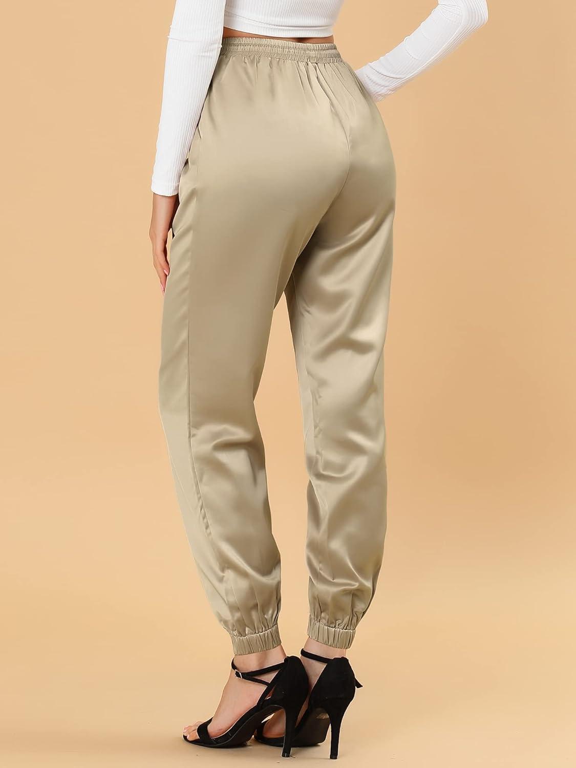 imageAllegra K Womens Satin Pants Drawstring Elastic Waist Straight Leg Ankle Length Dressy Joggers with PocketKhaki