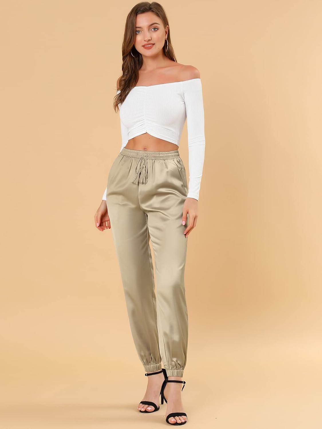 imageAllegra K Womens Satin Pants Drawstring Elastic Waist Straight Leg Ankle Length Dressy Joggers with PocketKhaki