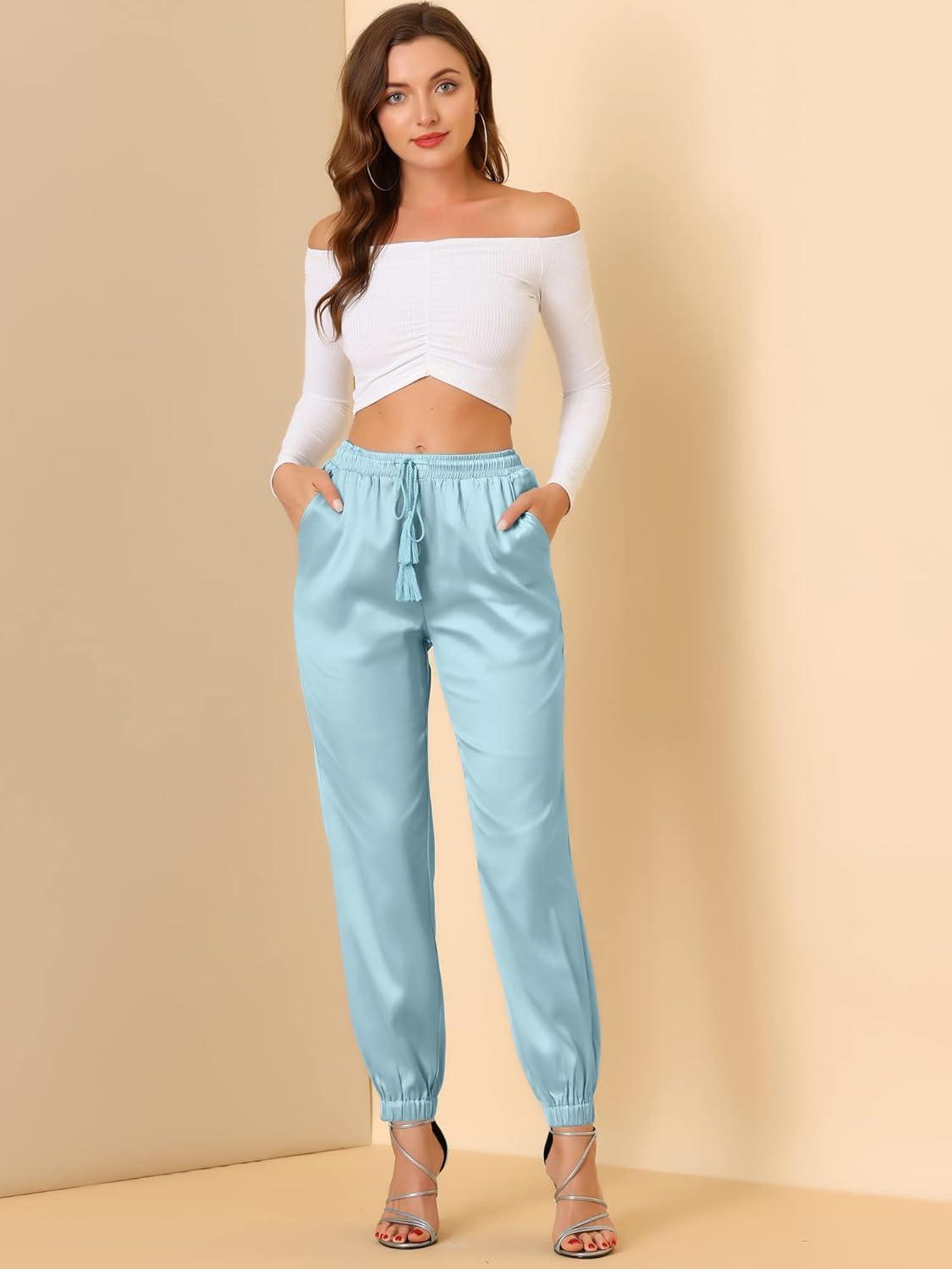 imageAllegra K Womens Satin Pants Drawstring Elastic Waist Straight Leg Ankle Length Dressy Joggers with PocketLight Blue