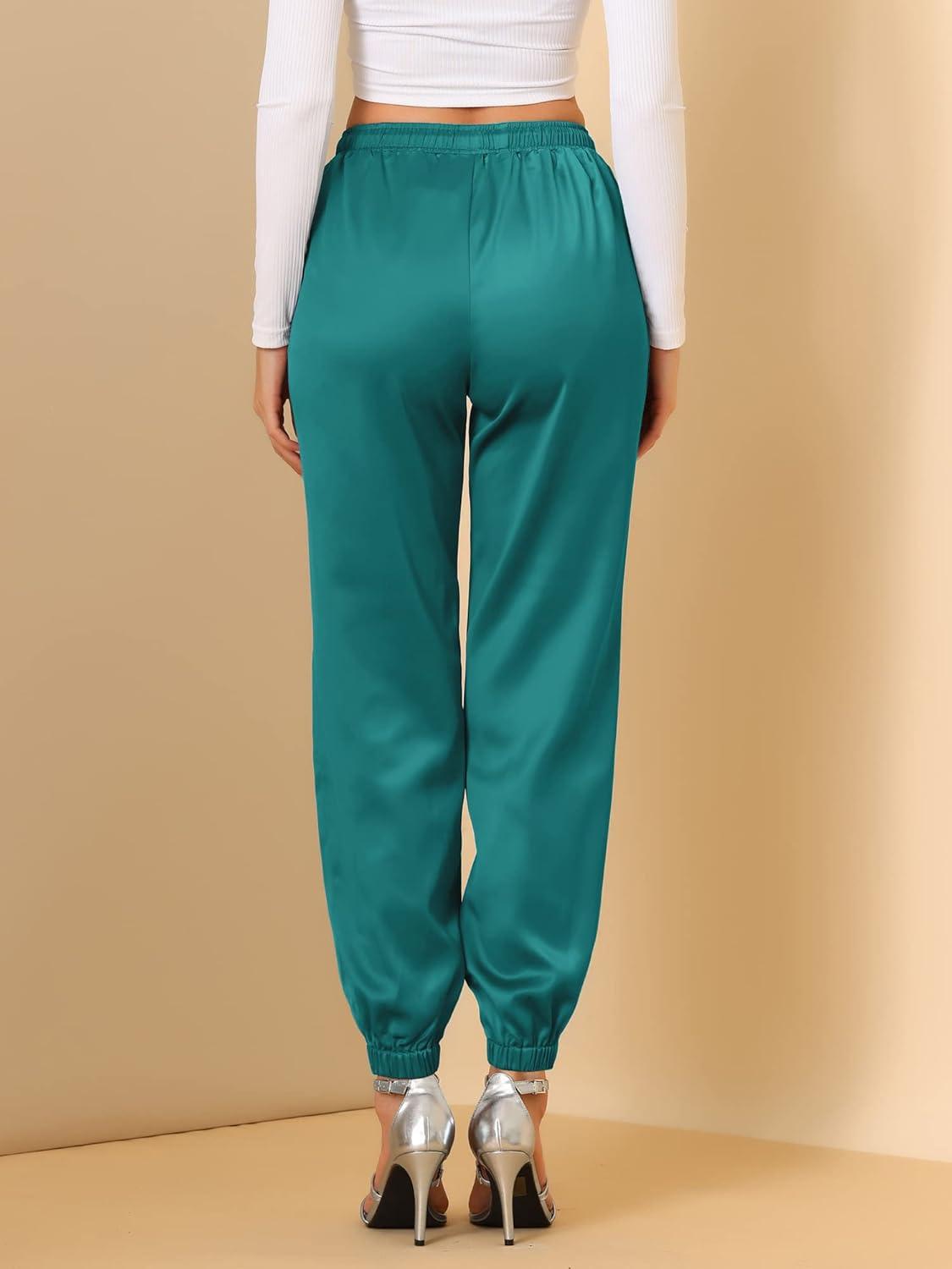 imageAllegra K Womens Satin Pants Drawstring Elastic Waist Straight Leg Ankle Length Dressy Joggers with PocketPeacock Blue