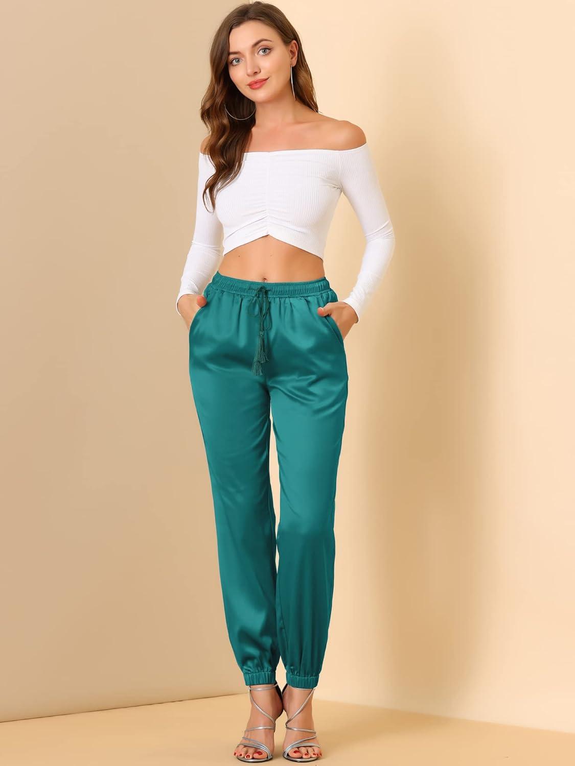imageAllegra K Womens Satin Pants Drawstring Elastic Waist Straight Leg Ankle Length Dressy Joggers with PocketPeacock Blue