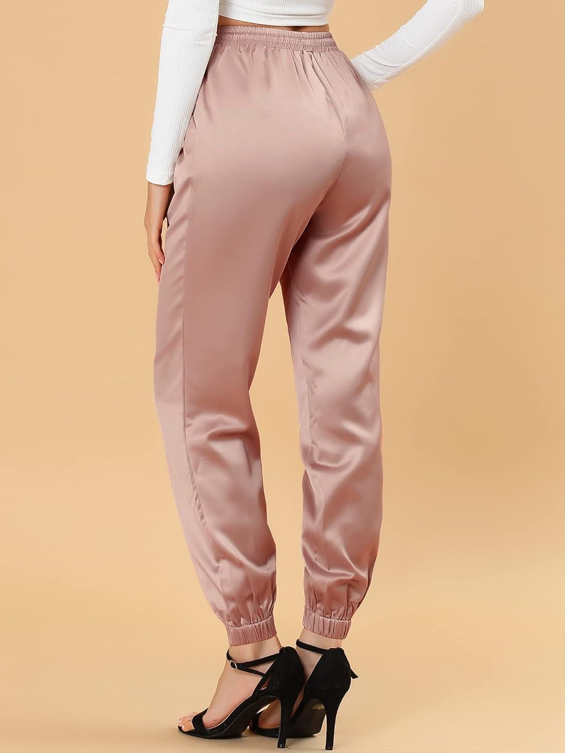 imageAllegra K Womens Satin Pants Drawstring Elastic Waist Straight Leg Ankle Length Dressy Joggers with PocketPink