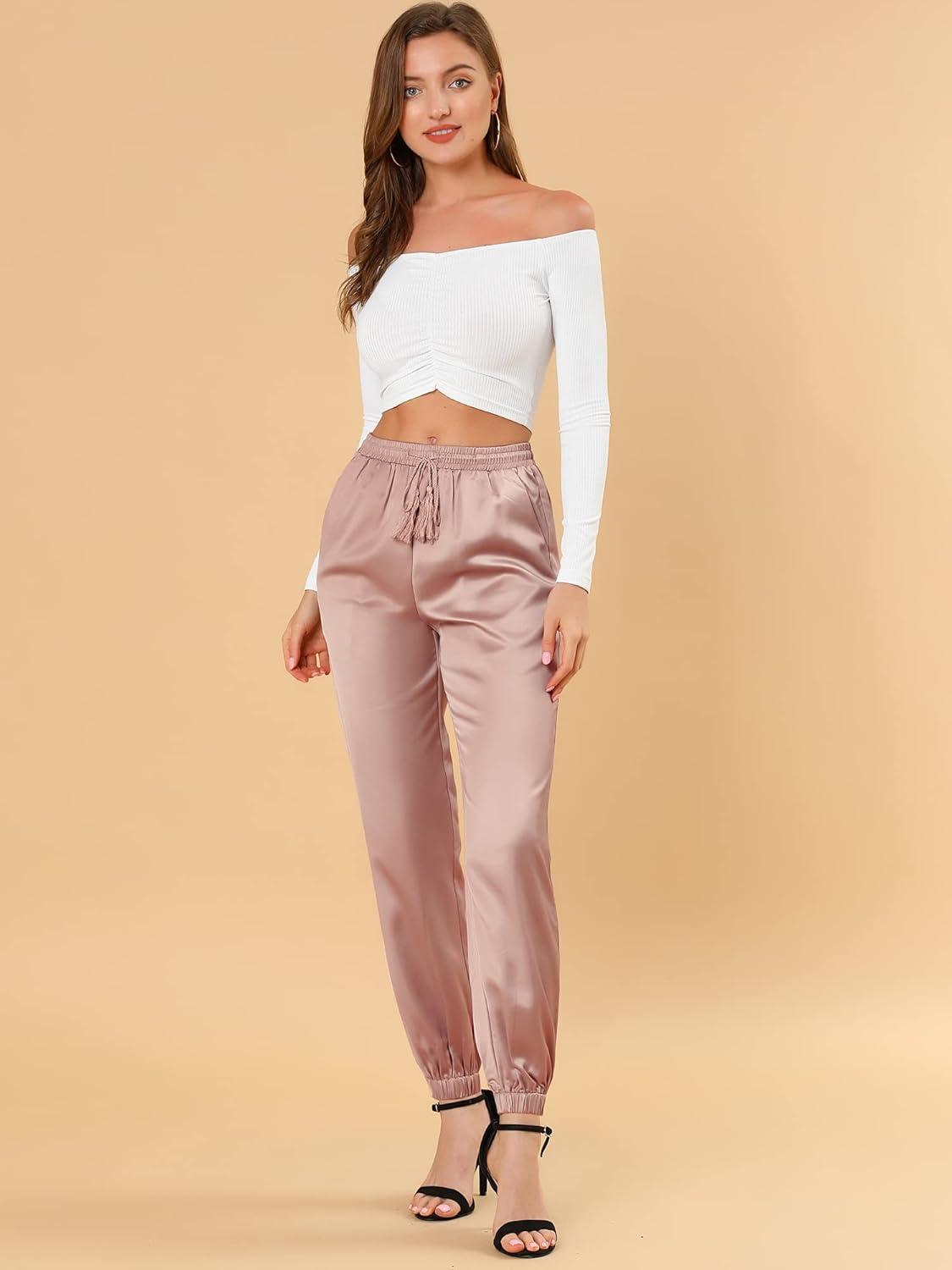imageAllegra K Womens Satin Pants Drawstring Elastic Waist Straight Leg Ankle Length Dressy Joggers with PocketPink