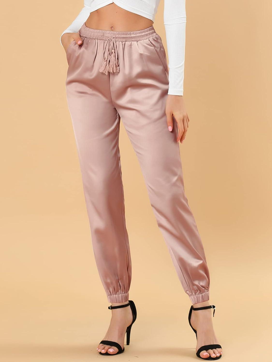 imageAllegra K Womens Satin Pants Drawstring Elastic Waist Straight Leg Ankle Length Dressy Joggers with PocketPink
